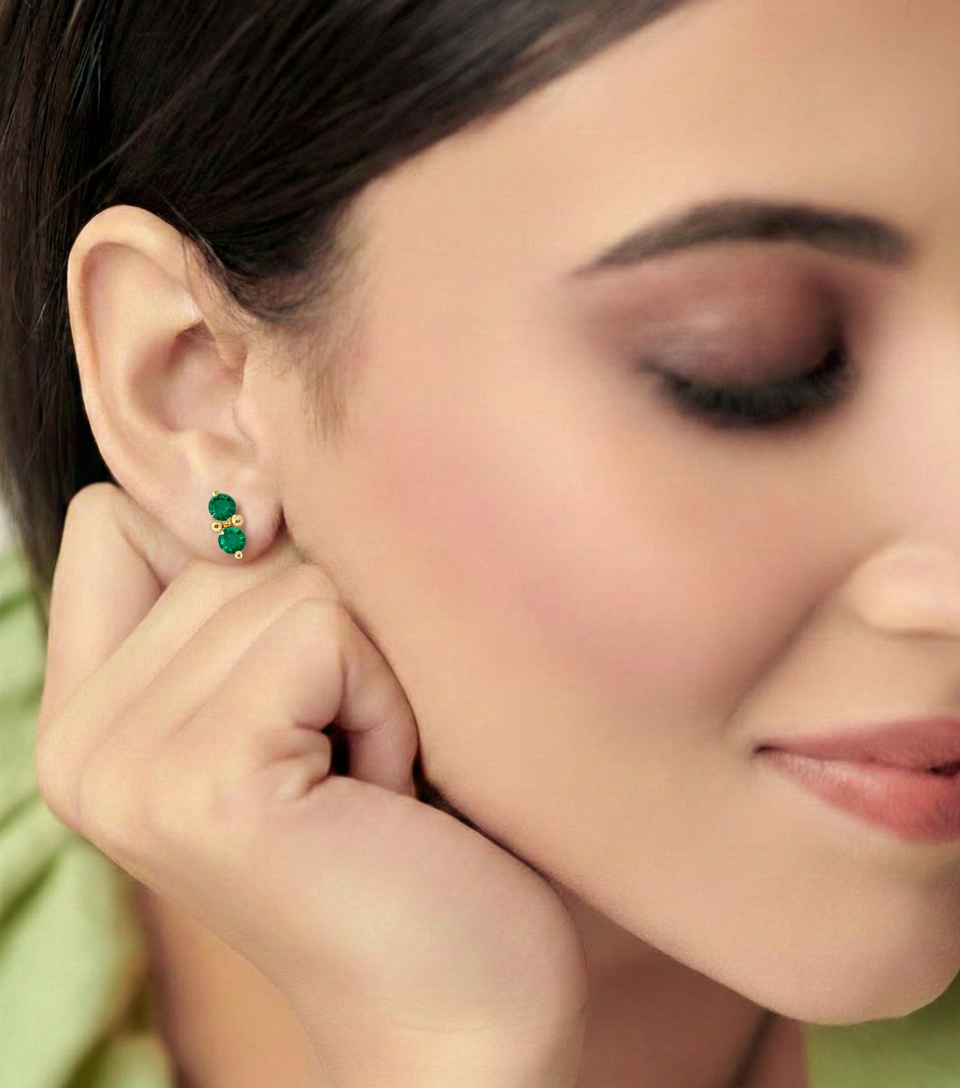 Emerald Round Stud Earrings in Yellow Gold Plated 3 MM 1.20ct