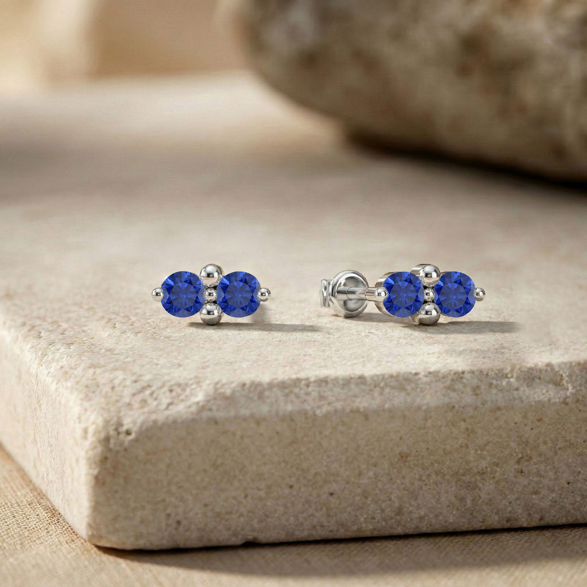Blue Sapphire Round Stud Earrings in 925 Sterling Silver 3 MM 1.20ct
