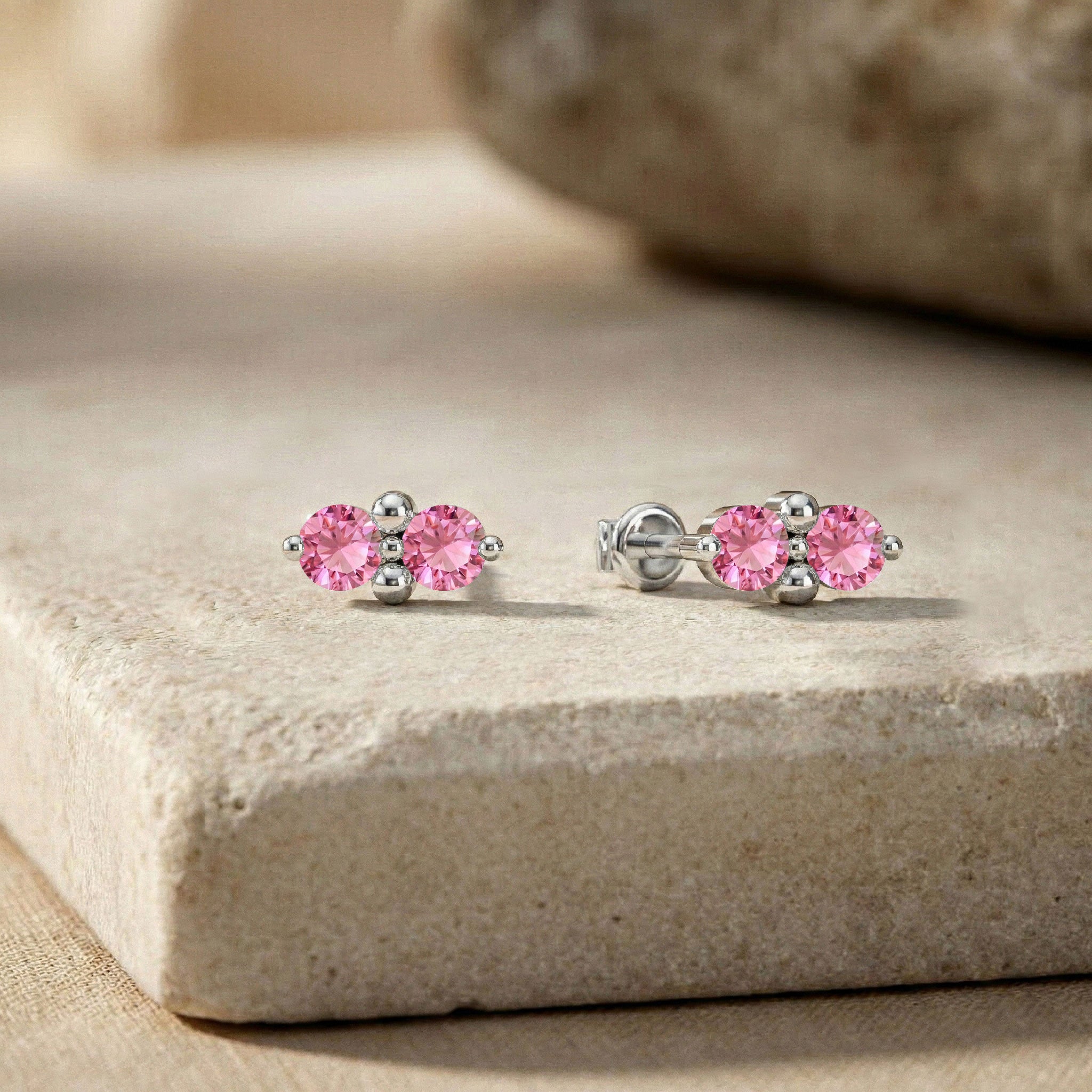 Pink Tourmaline Round Stud Earrings in 925 Sterling Silver 3 MM 1.20ct