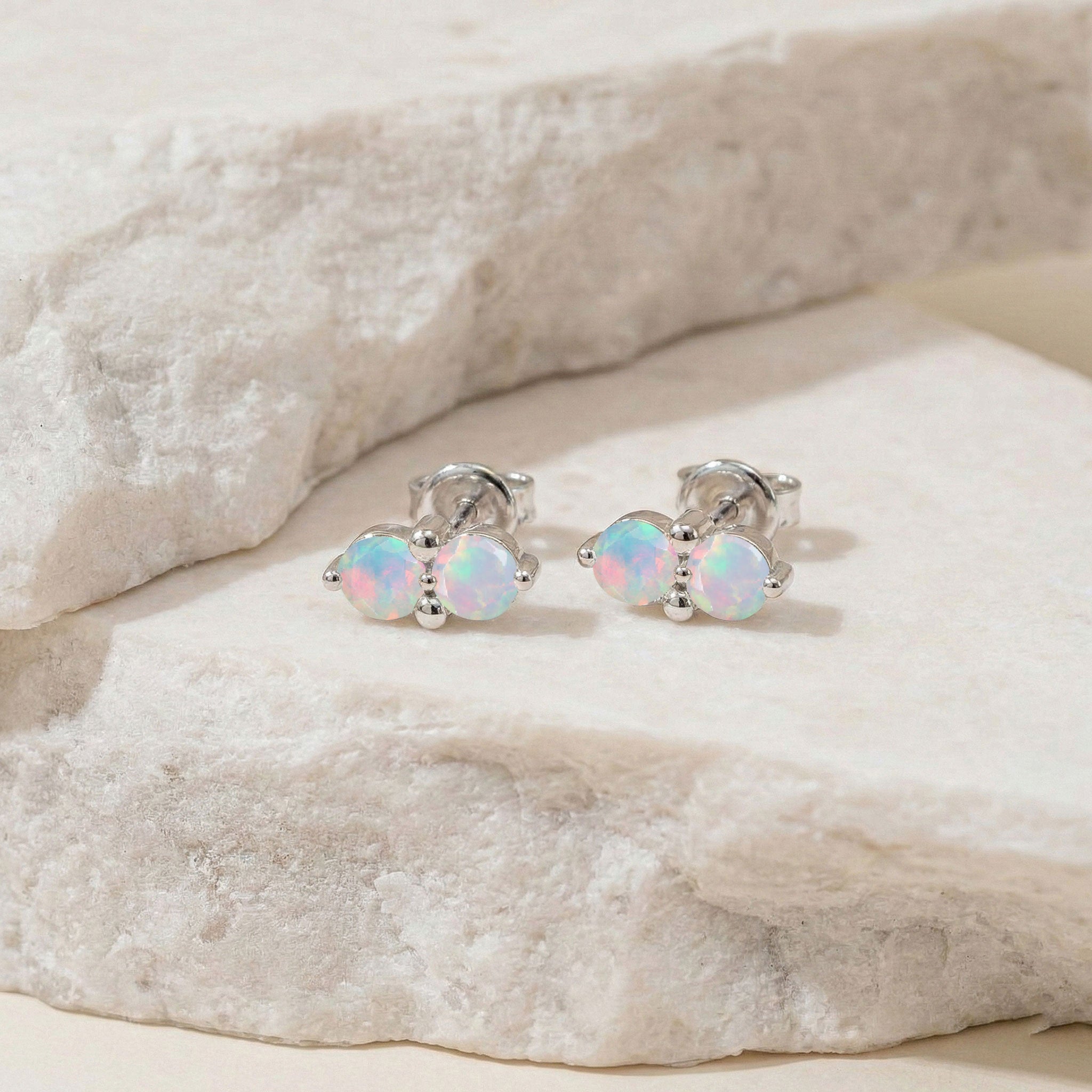 White Opal Round Stud Earrings in 925 Sterling Silver 3 MM 1.20ct