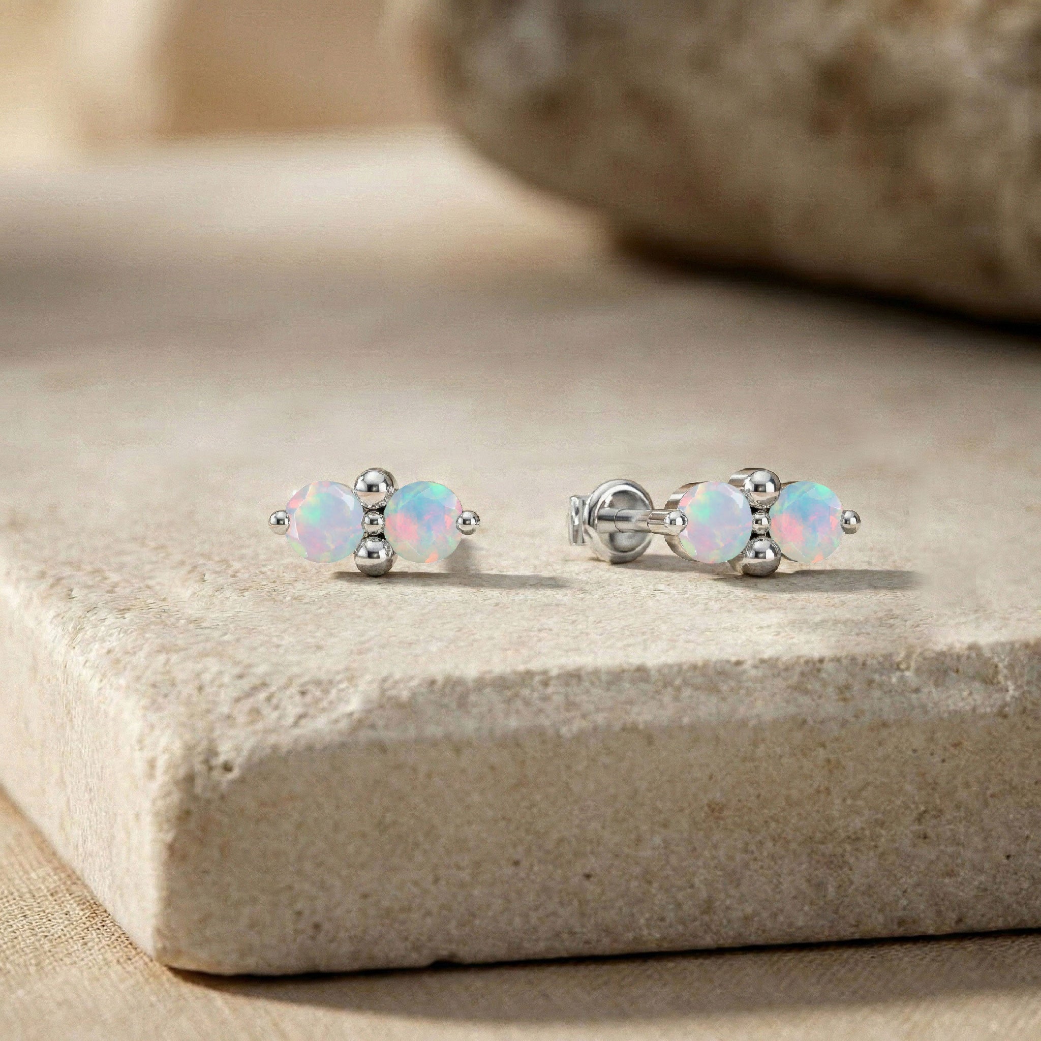 White Opal Round Stud Earrings in 925 Sterling Silver 3 MM 1.20ct