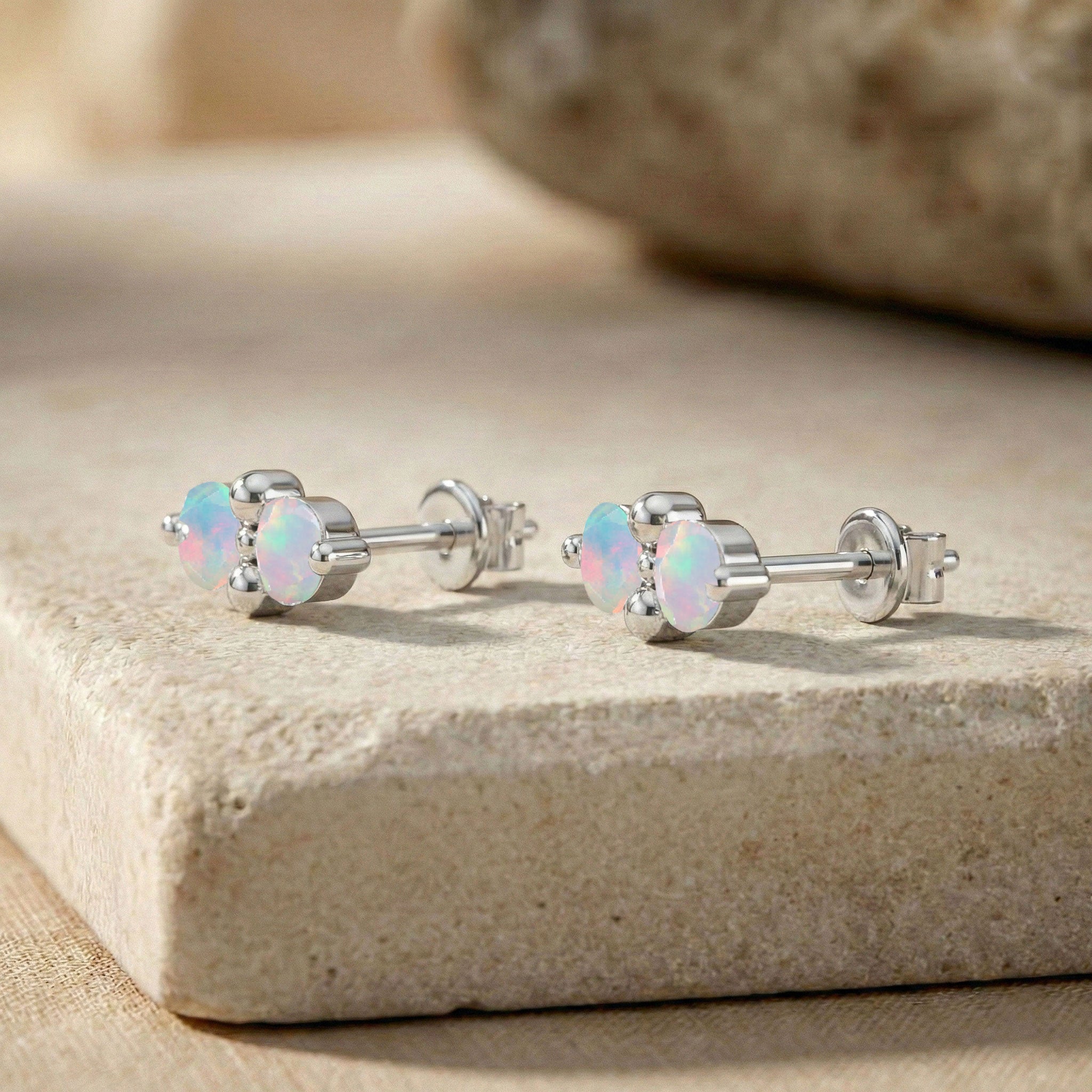 White Opal Round Stud Earrings in 925 Sterling Silver 3 MM 1.20ct