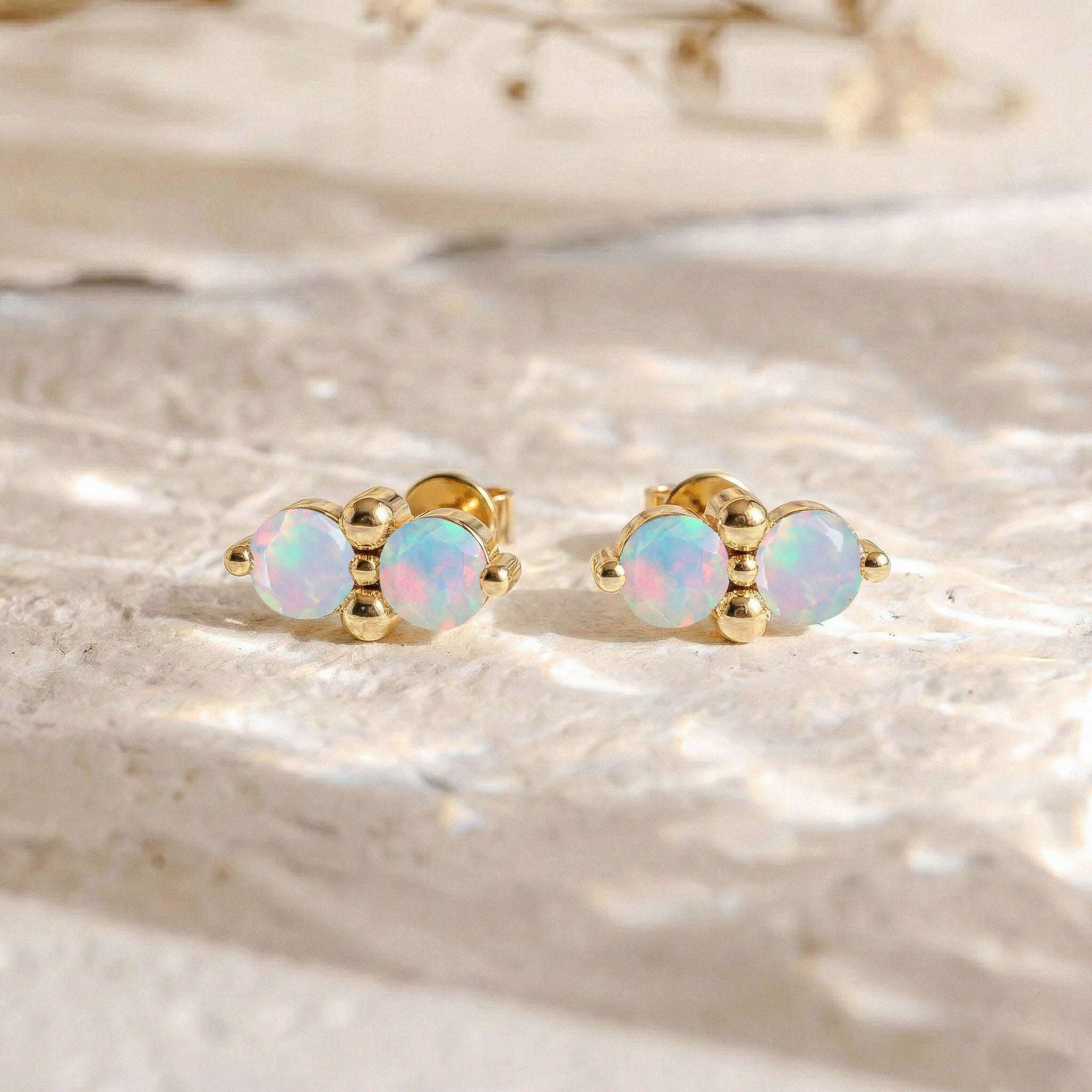 White Opal Round Stud Earrings in 925 Sterling Silver 3 MM 1.20ct