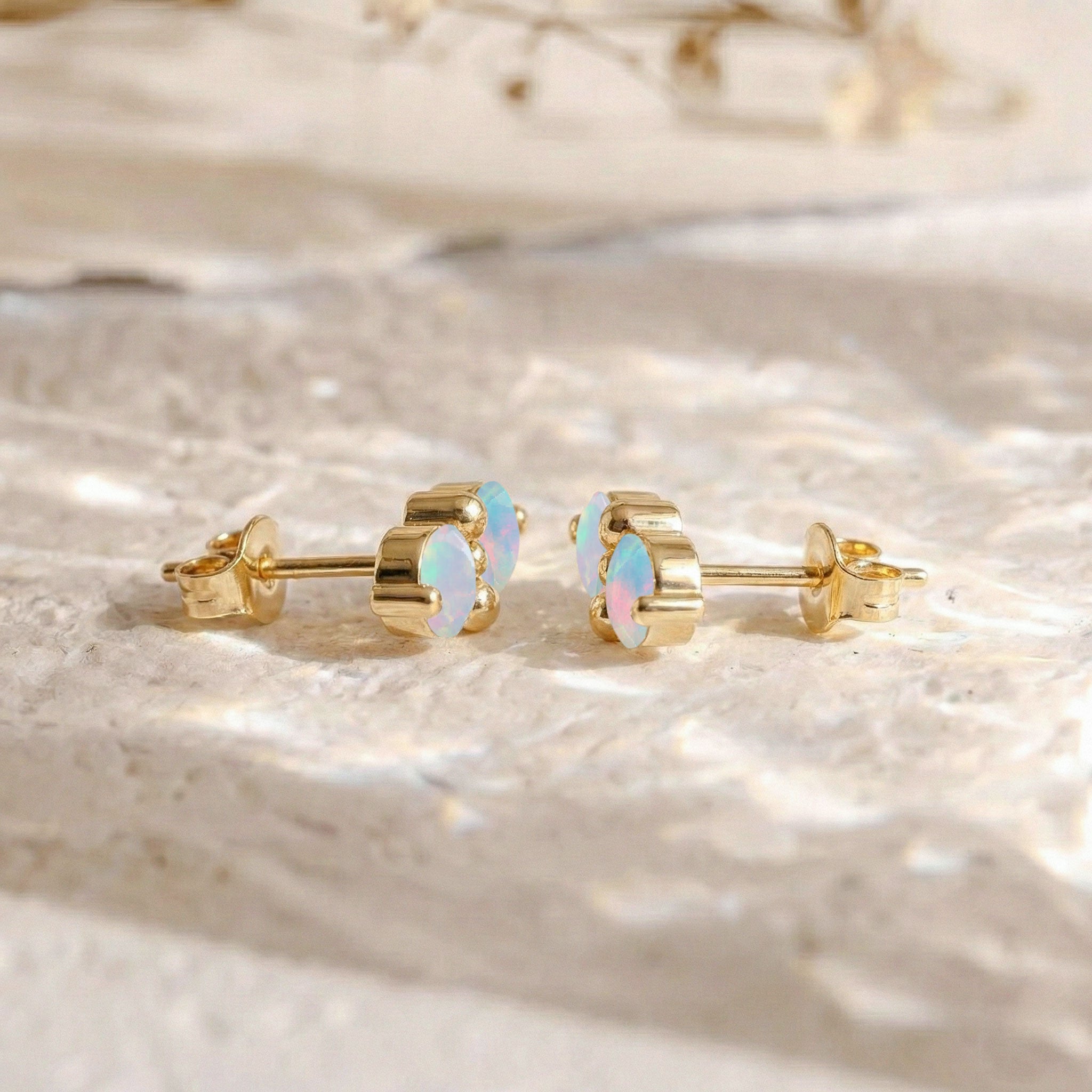 White Opal Round Stud Earrings in Yellow Gold Plated 3 MM 1.20ct