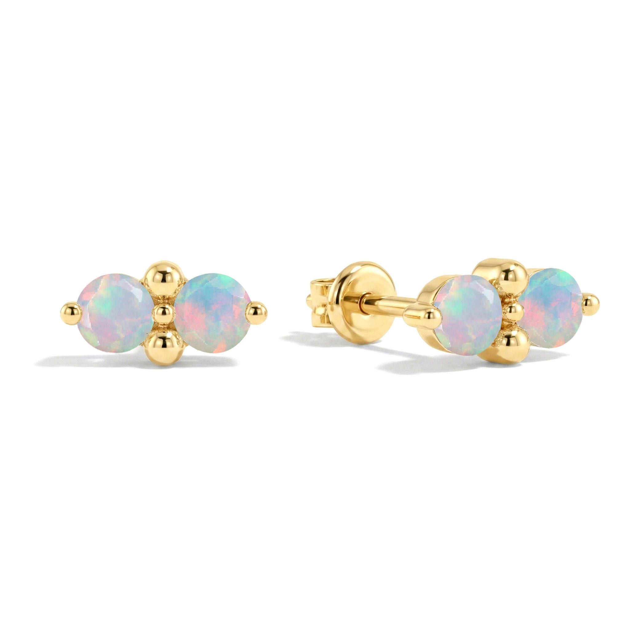 White Opal Round Stud Earrings in Yellow Gold Plated 3 MM 1.20ct
