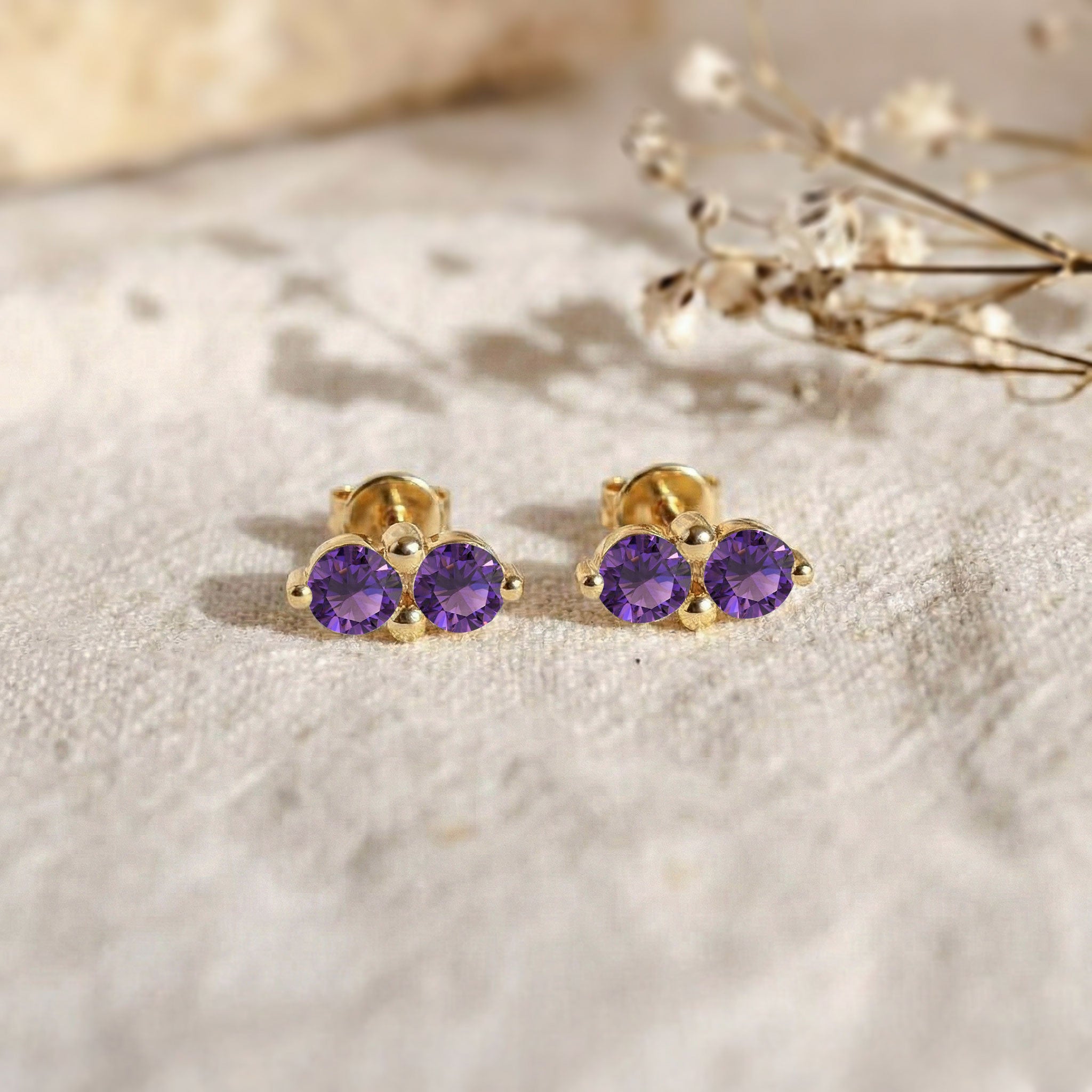 Amethyst Round Stud Earrings in Yellow Gold Plated 3 MM 1.20ct