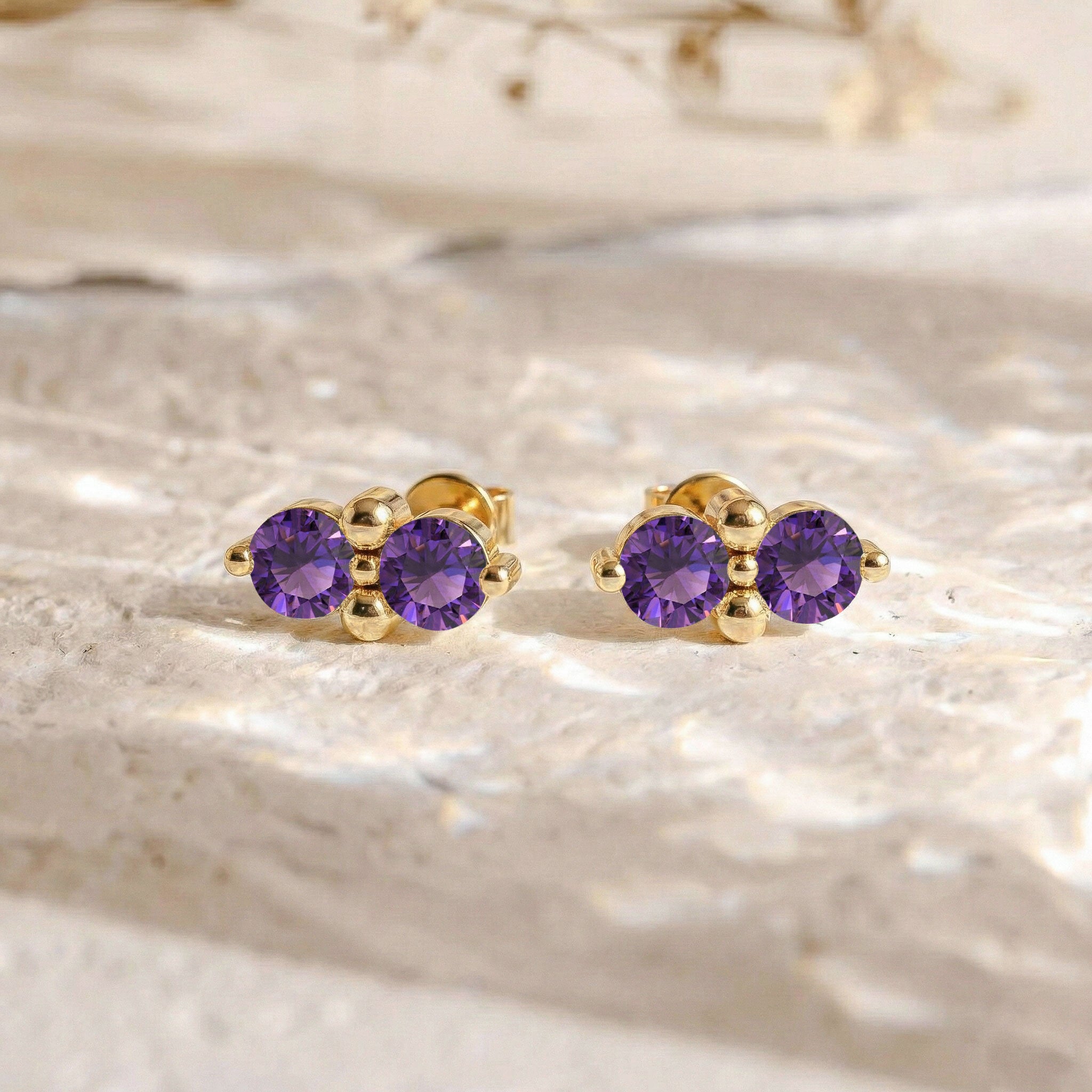 Amethyst Round Stud Earrings in Yellow Gold Plated 3 MM 1.20ct