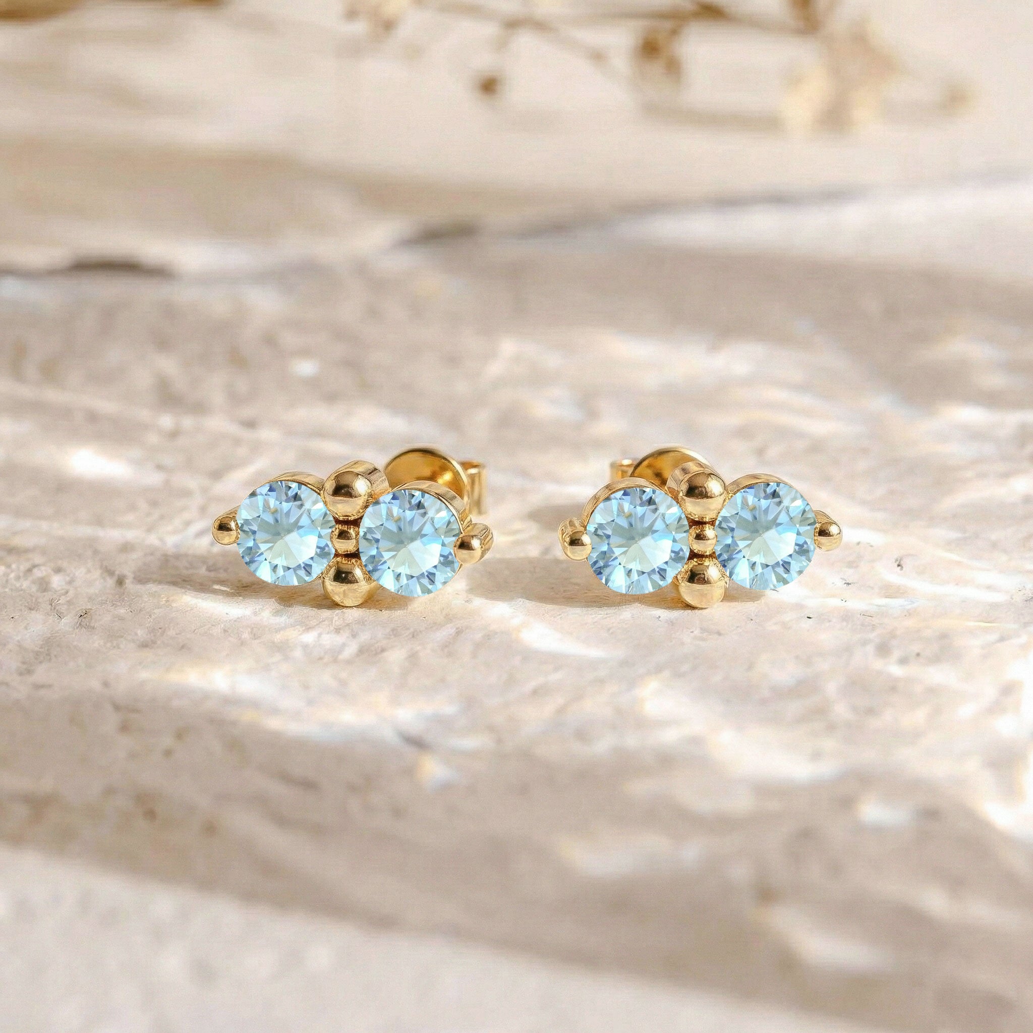 Aquamarine Round Stud Earrings in Yellow Gold Plated 3 MM 1.20ct