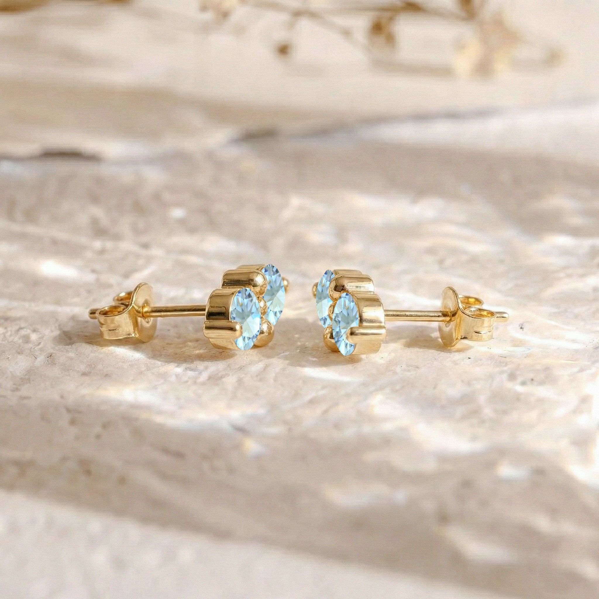 Aquamarine Round Stud Earrings in Yellow Gold Plated 3 MM 1.20ct