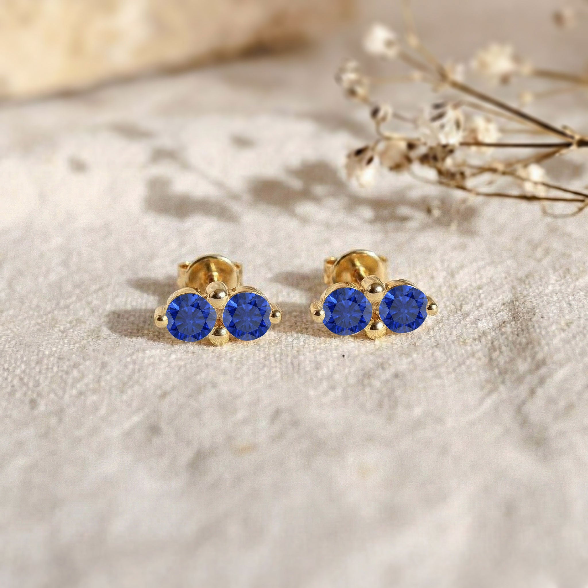 Blue Sapphire Round Stud Earrings in Yellow Gold Plated 3 MM 1.20ct