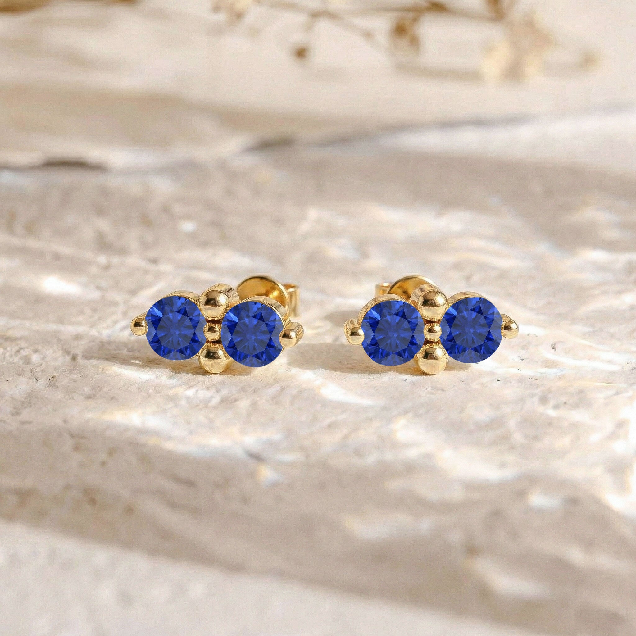 Blue Sapphire Round Stud Earrings in Yellow Gold Plated 3 MM 1.20ct