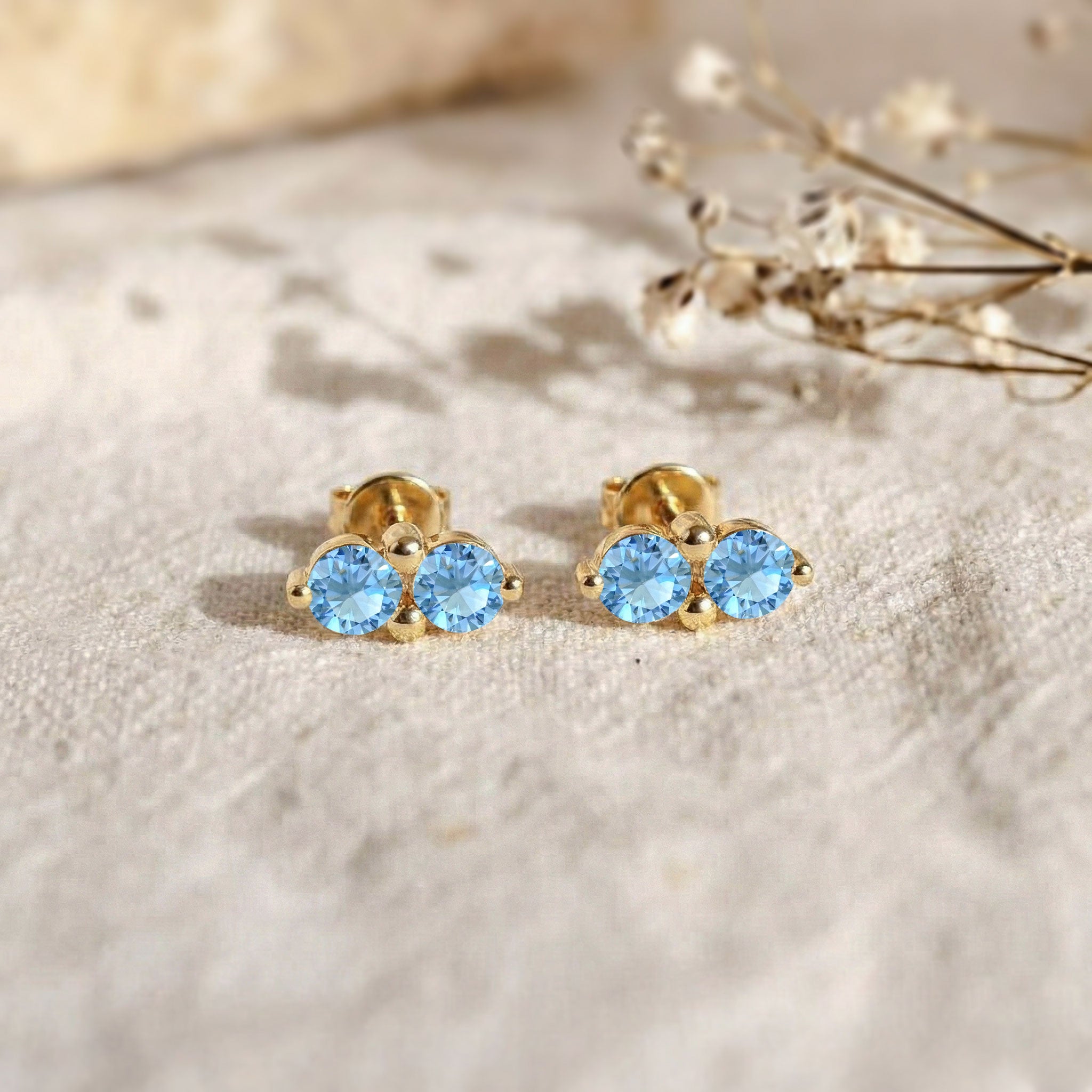 Blue Topaz Round Stud Earrings in Yellow Gold Plated 3 MM 1.20ct