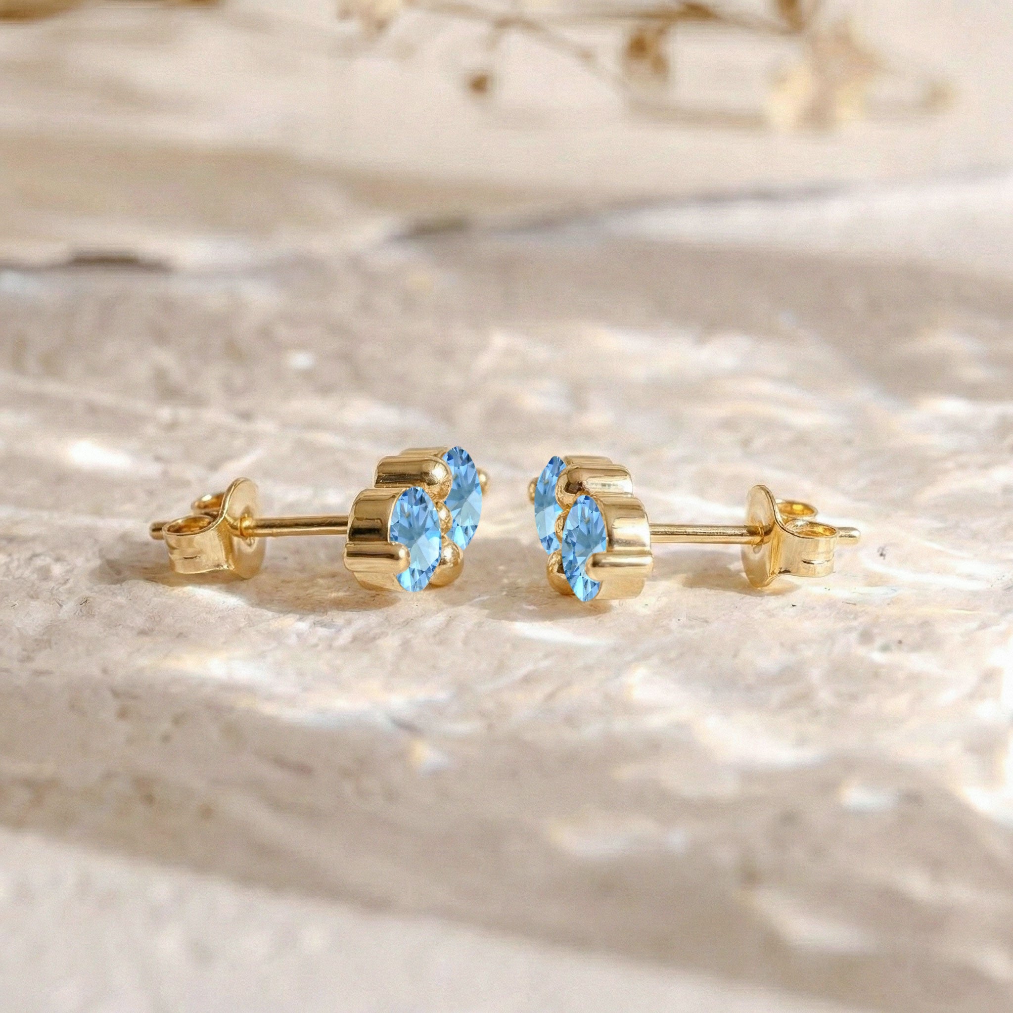 Blue Topaz Round Stud Earrings in Yellow Gold Plated 3 MM 1.20ct