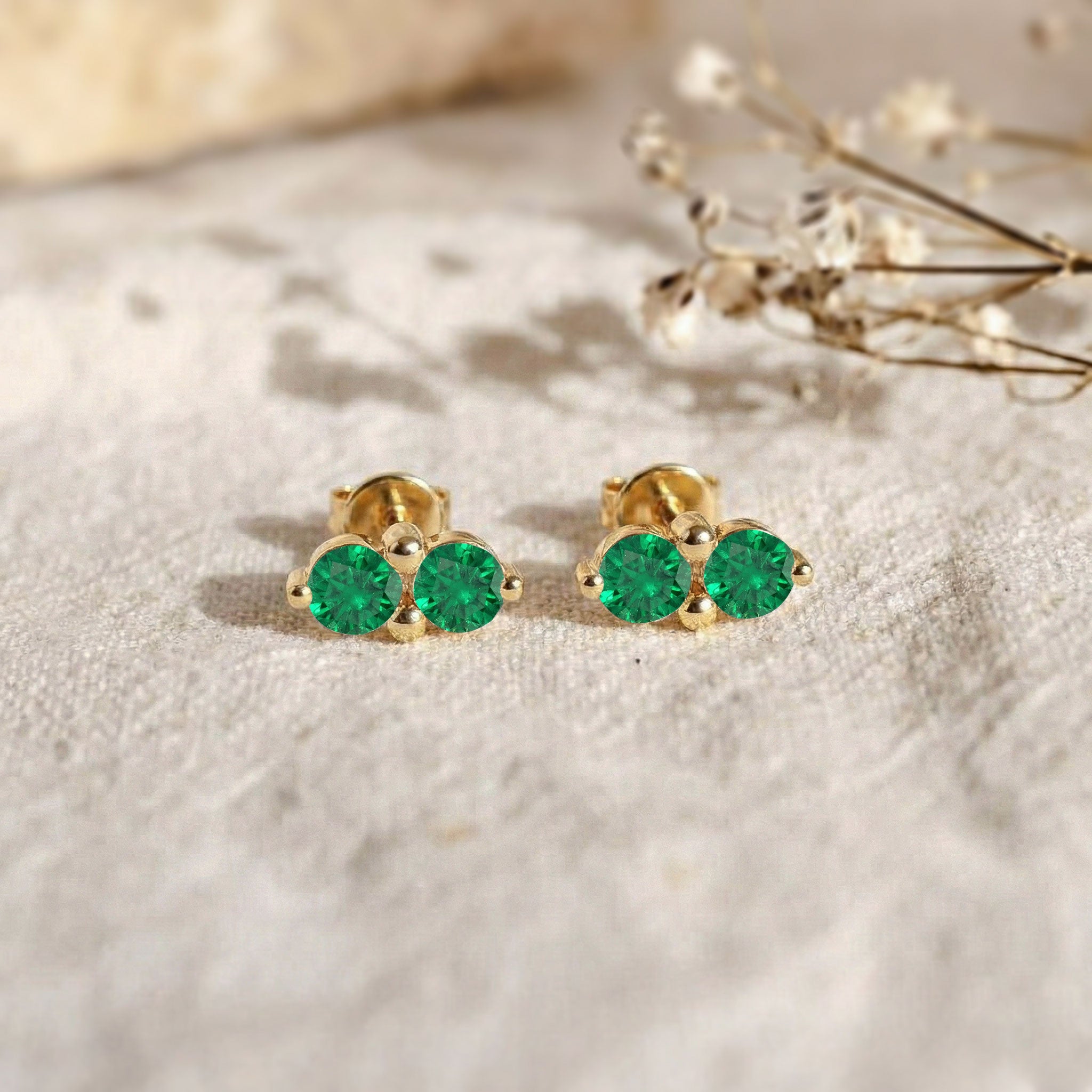 Emerald Round Stud Earrings in Yellow Gold Plated 3 MM 1.20ct