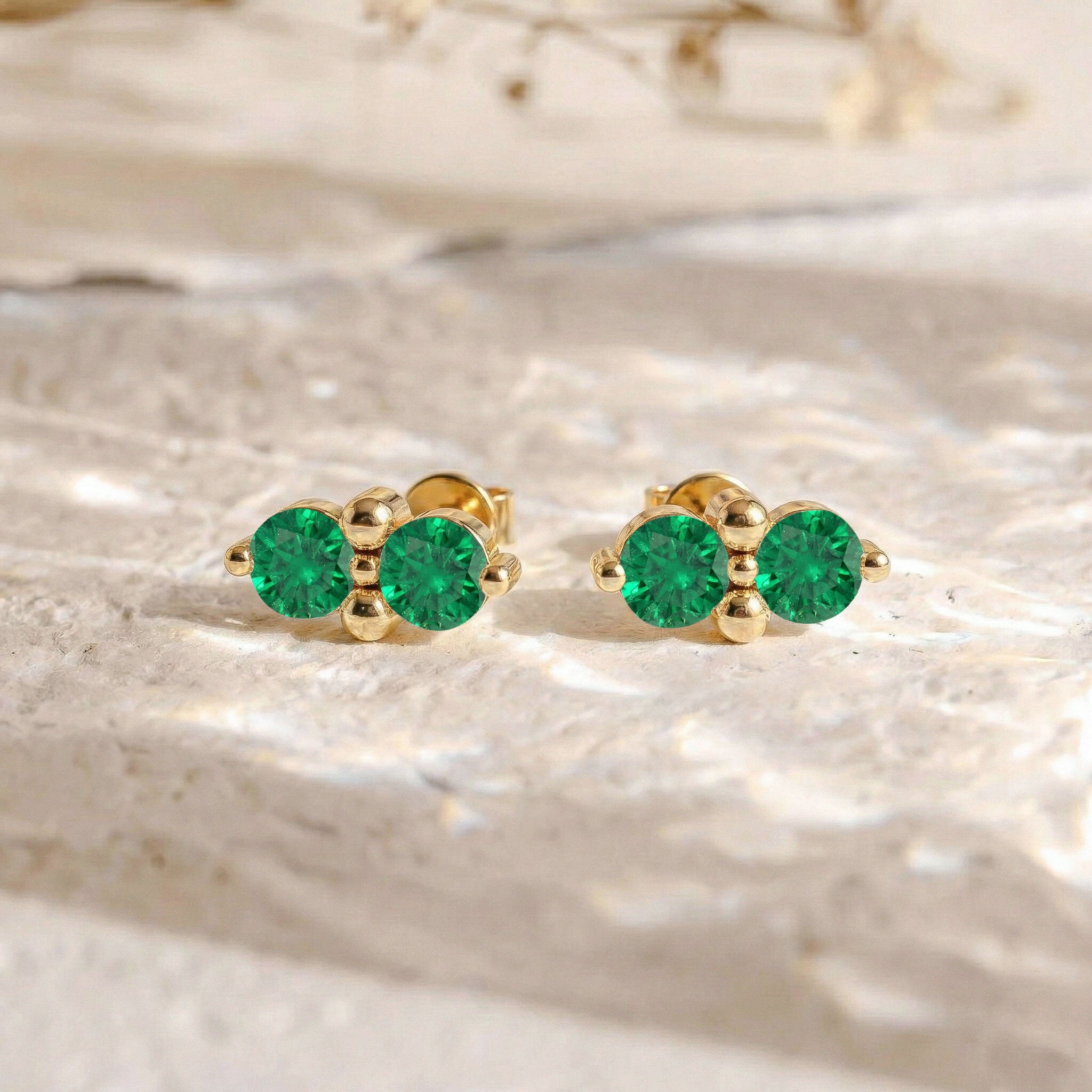 Emerald Round Stud Earrings in Yellow Gold Plated 3 MM 1.20ct