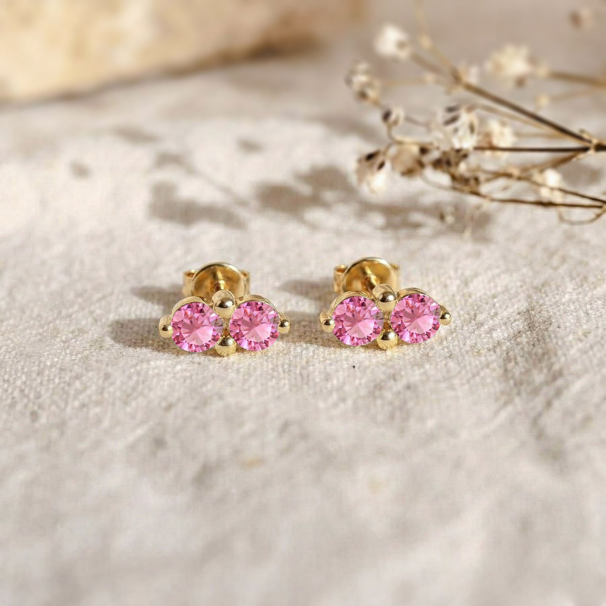 Pink Tourmaline Round Stud Earrings in Yellow Gold Plated 3 MM 1.20ct