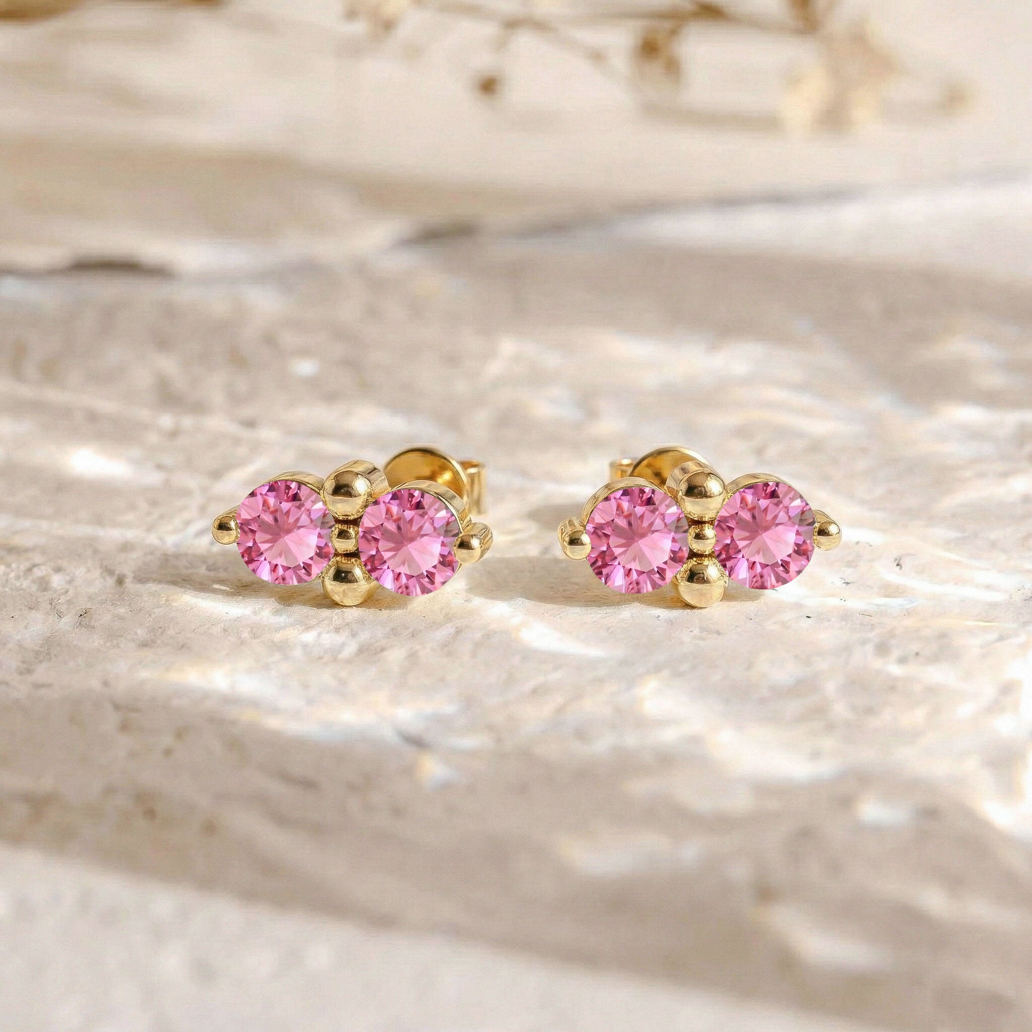 Pink Tourmaline Round Stud Earrings in Yellow Gold Plated 3 MM 1.20ct