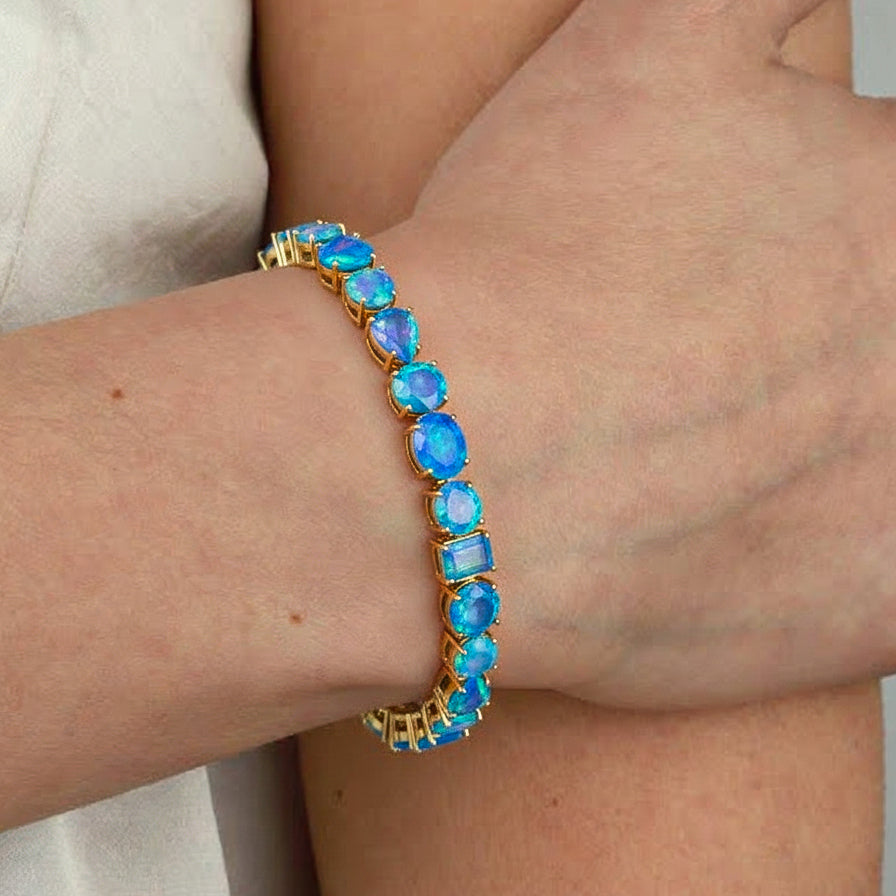 Blue Opal Multi Shape Tennis Bracelet in 925 Sterling Silver 15.65 CT