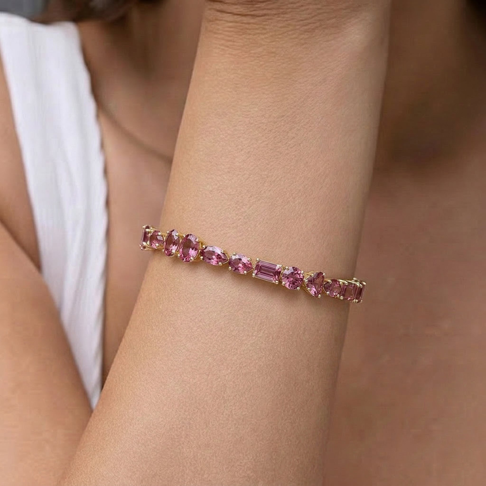 Pink Tourmaline Multi Shape Tennis Bracelet in 925 Sterling Silver 15.65 CT