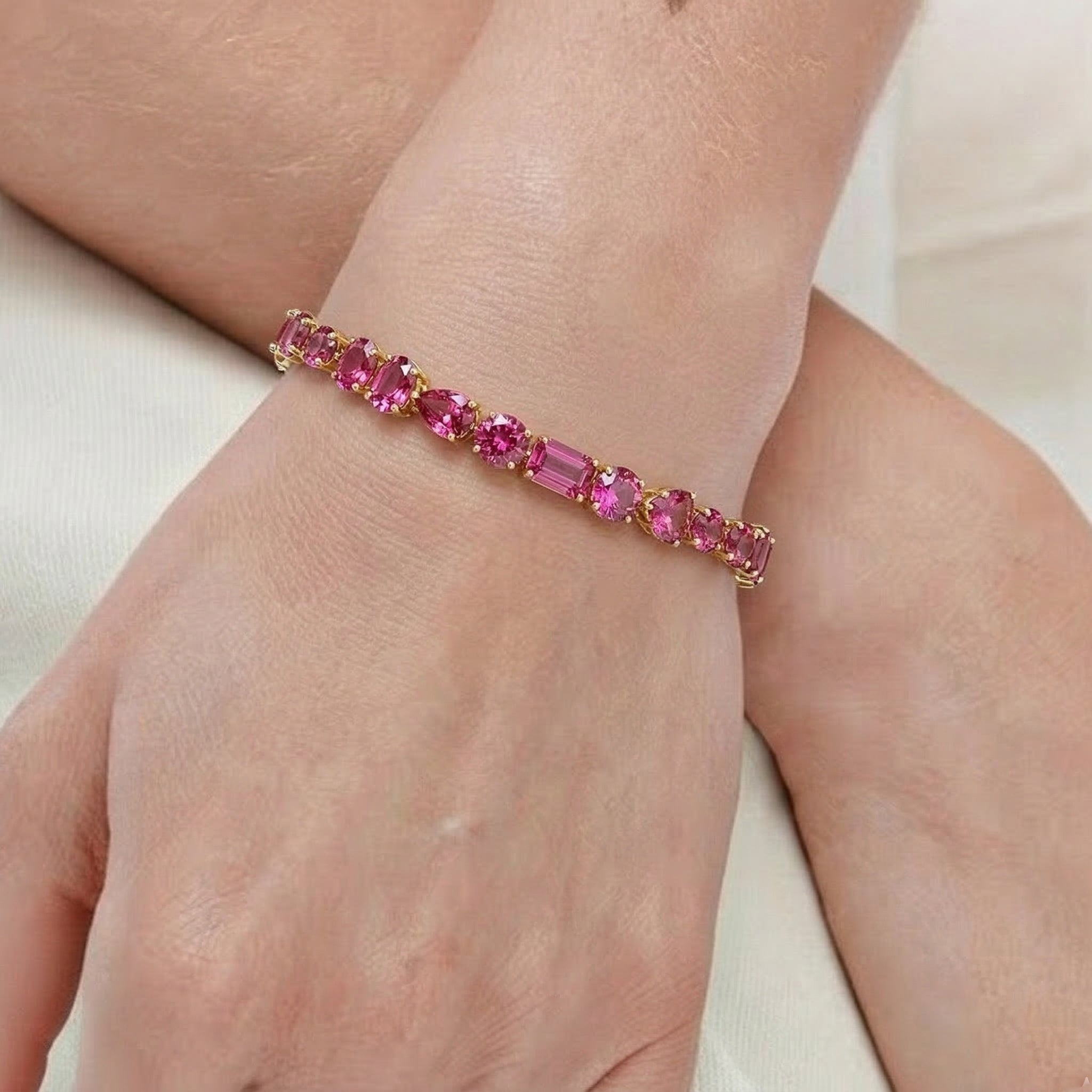 Pink Tourmaline Multi Shape Tennis Bracelet in 925 Sterling Silver 15.65 CT