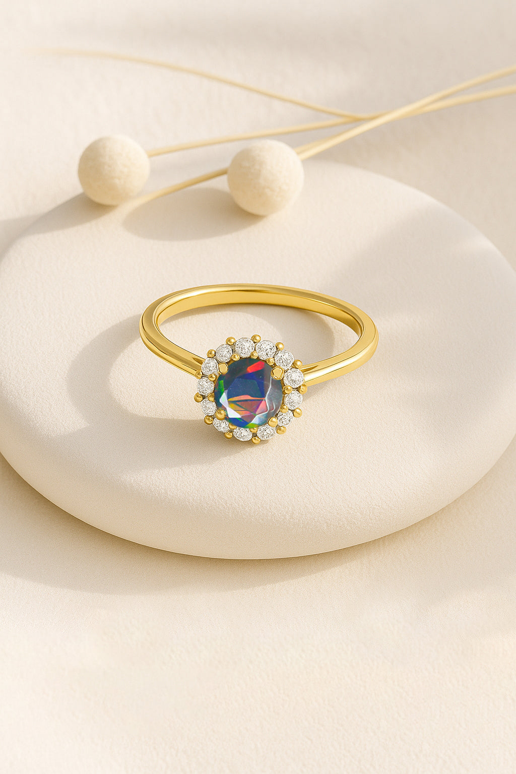 925 Sterling Silver & Yellow Gold Plated Black Fire Opal Halo Wedding Ring
