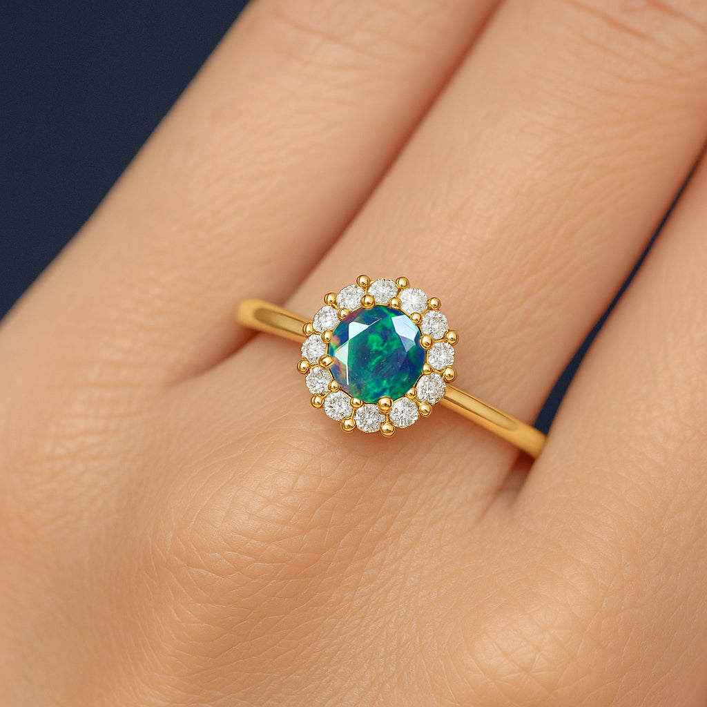 925 Sterling Silver & Yellow Gold Plated Black Fire Opal Halo Wedding Ring