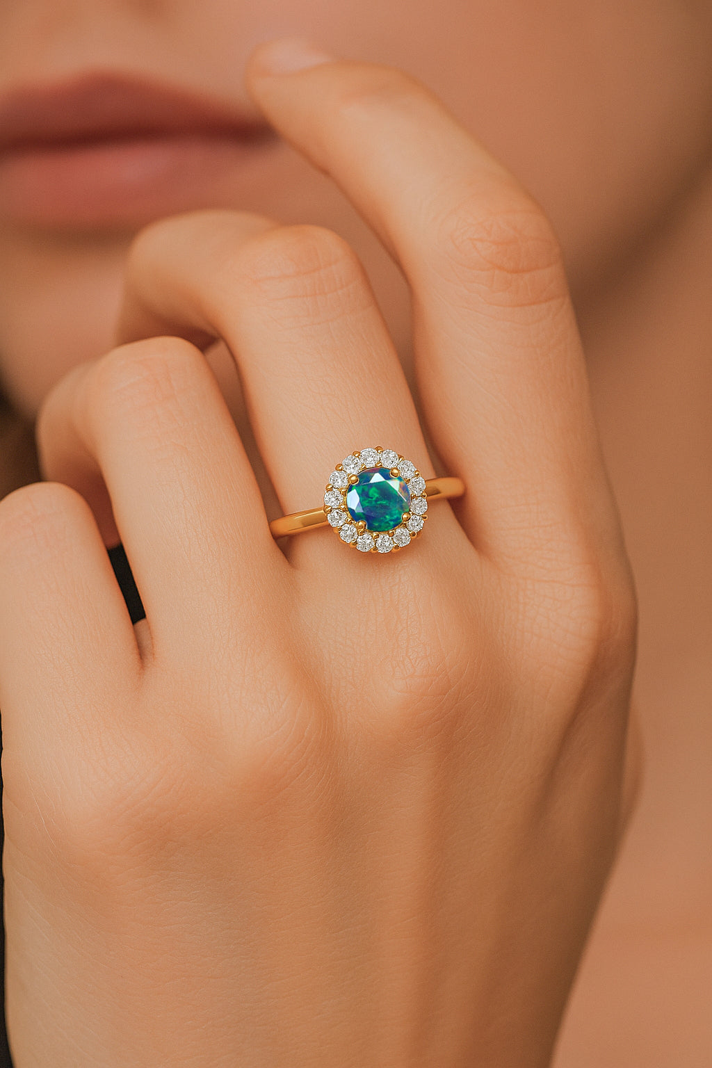 925 Sterling Silver & Yellow Gold Plated Black Fire Opal Halo Wedding Ring
