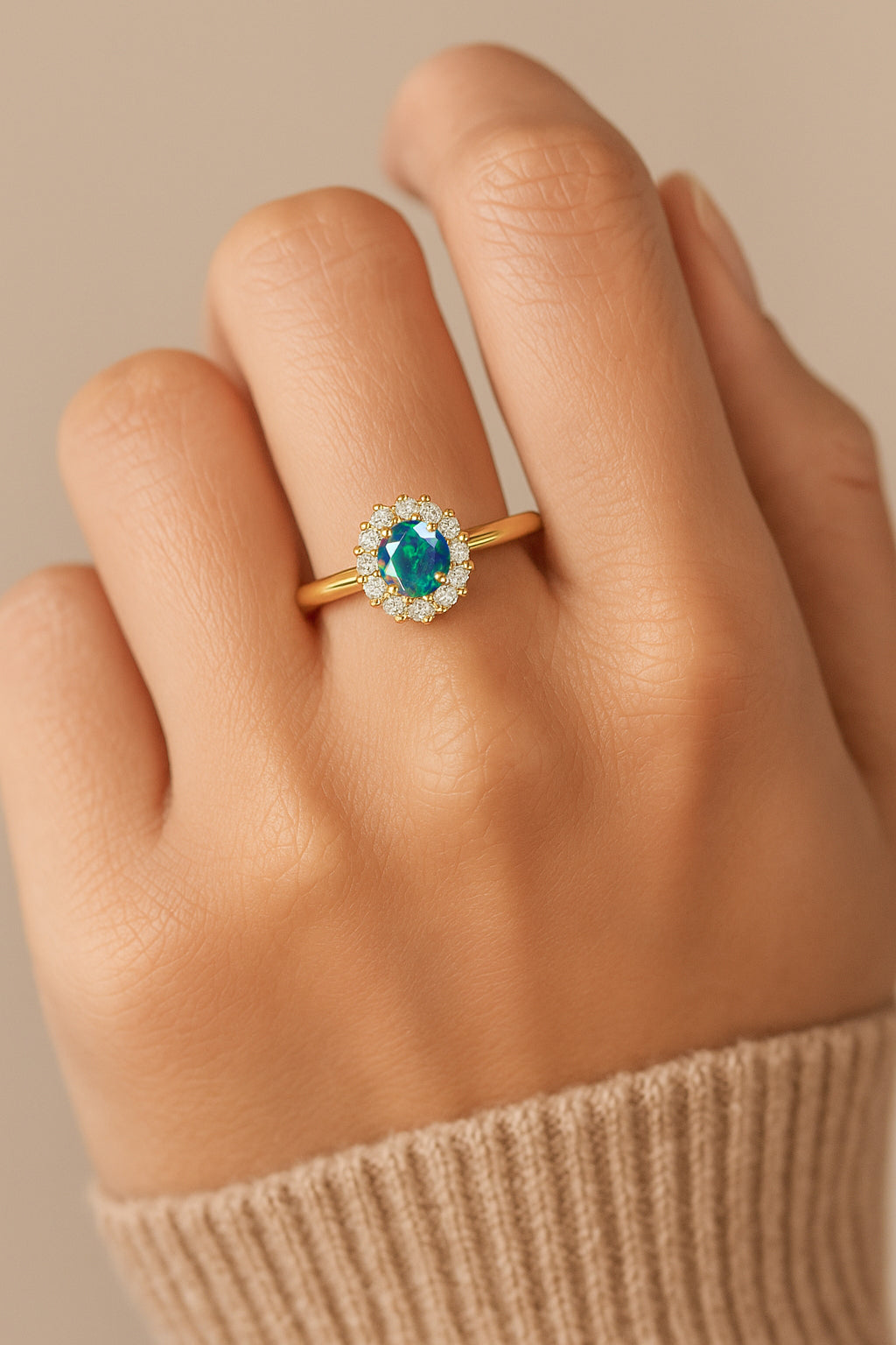 925 Sterling Silver & Yellow Gold Plated Black Fire Opal Halo Wedding Ring
