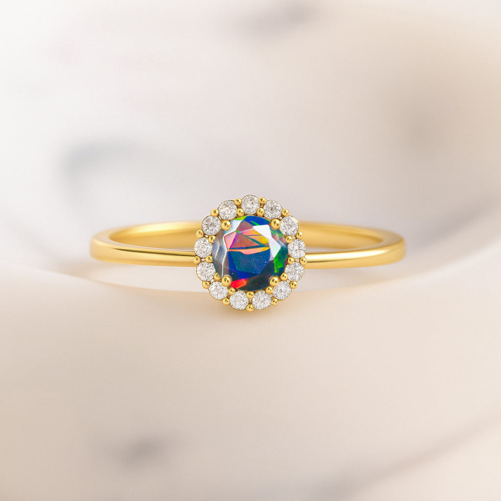 925 Sterling Silver & Yellow Gold Plated Black Fire Opal Halo Wedding Ring