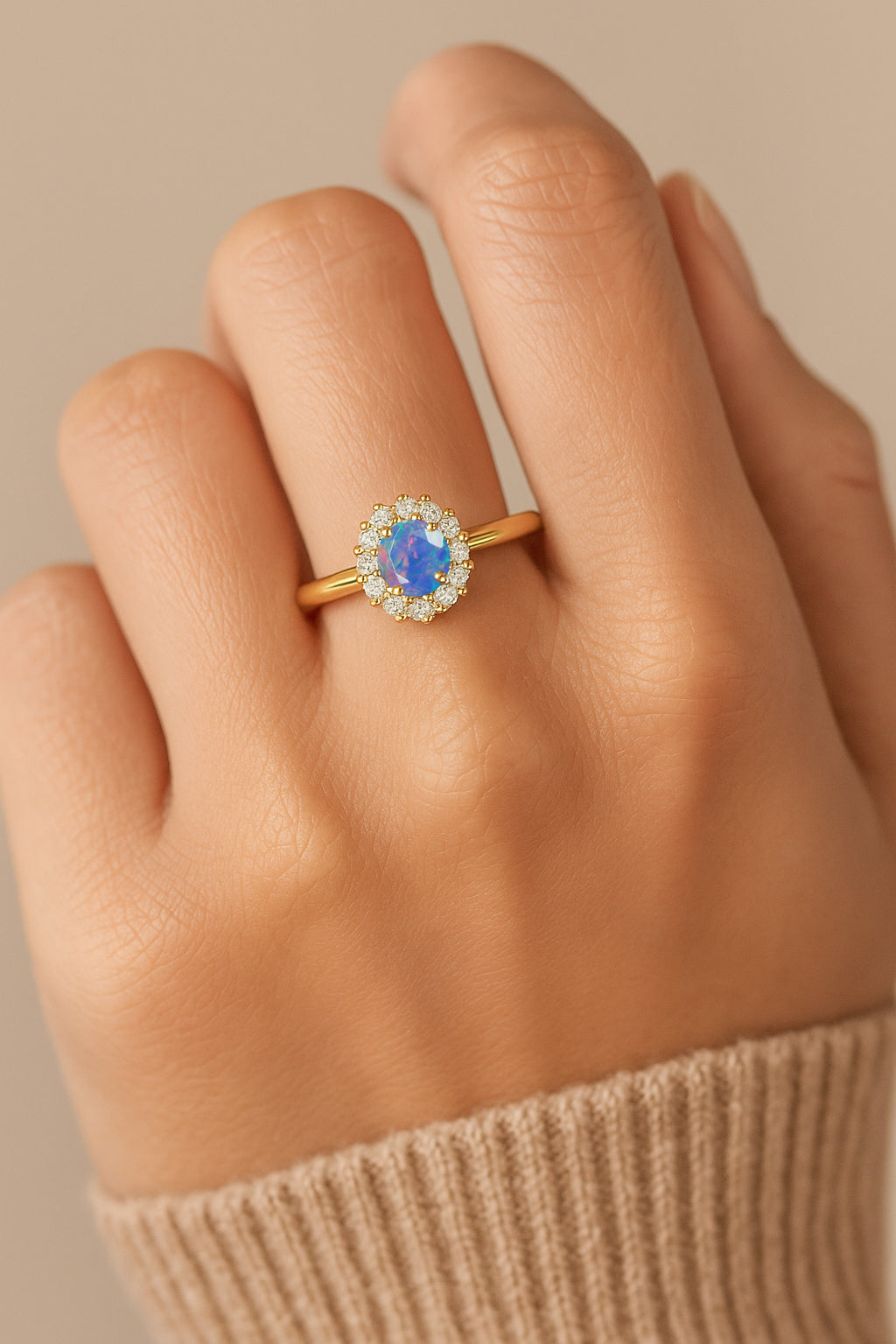 925 Sterling Silver & Yellow Gold Plated Blue Fire Opal Halo Wedding Ring