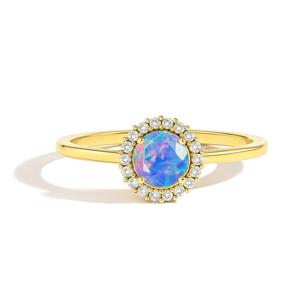 925 sterling silver & yellow gold plated blue fire opal halo wedding ring with CZ stones, featuring a round opal center and elegant band.