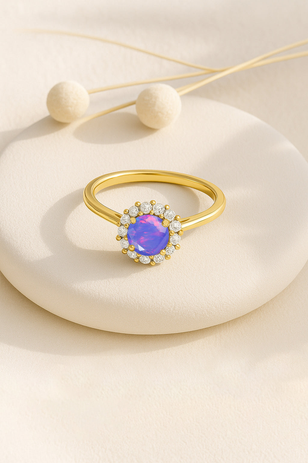 925 Sterling Silver & Yellow Gold Plated Lavender Fire Opal Halo Wedding Ring