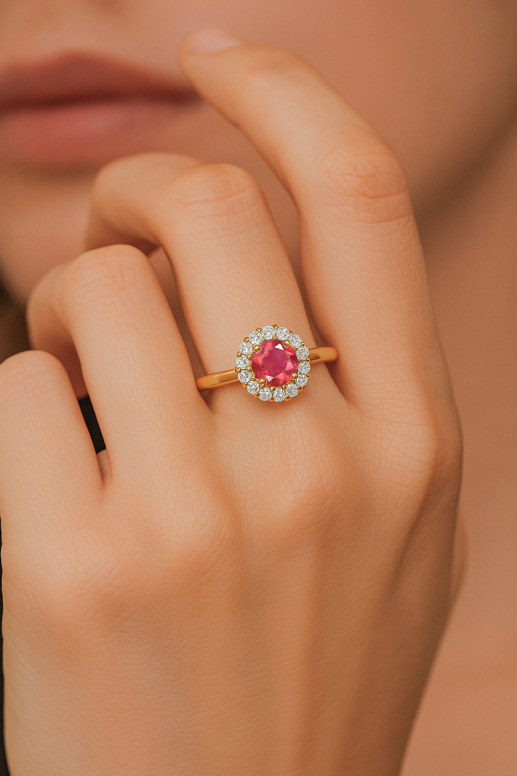 925 Sterling Silver & Yellow Gold Plated Ruby Halo Wedding Ring
