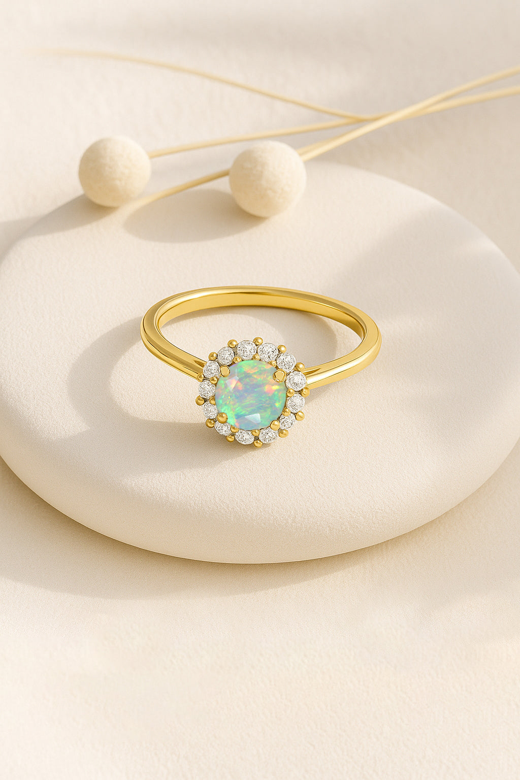925 Sterling Silver & Yellow Gold Plated White Fire Opal Halo Wedding Ring