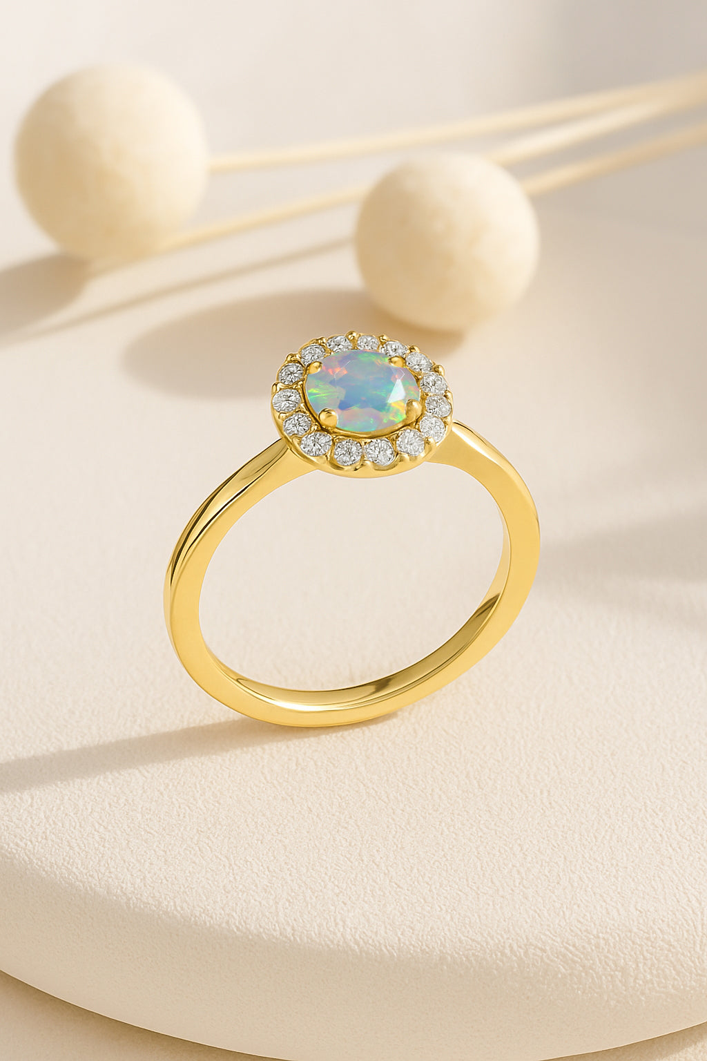 925 Sterling Silver & Yellow Gold Plated White Fire Opal Halo Wedding Ring