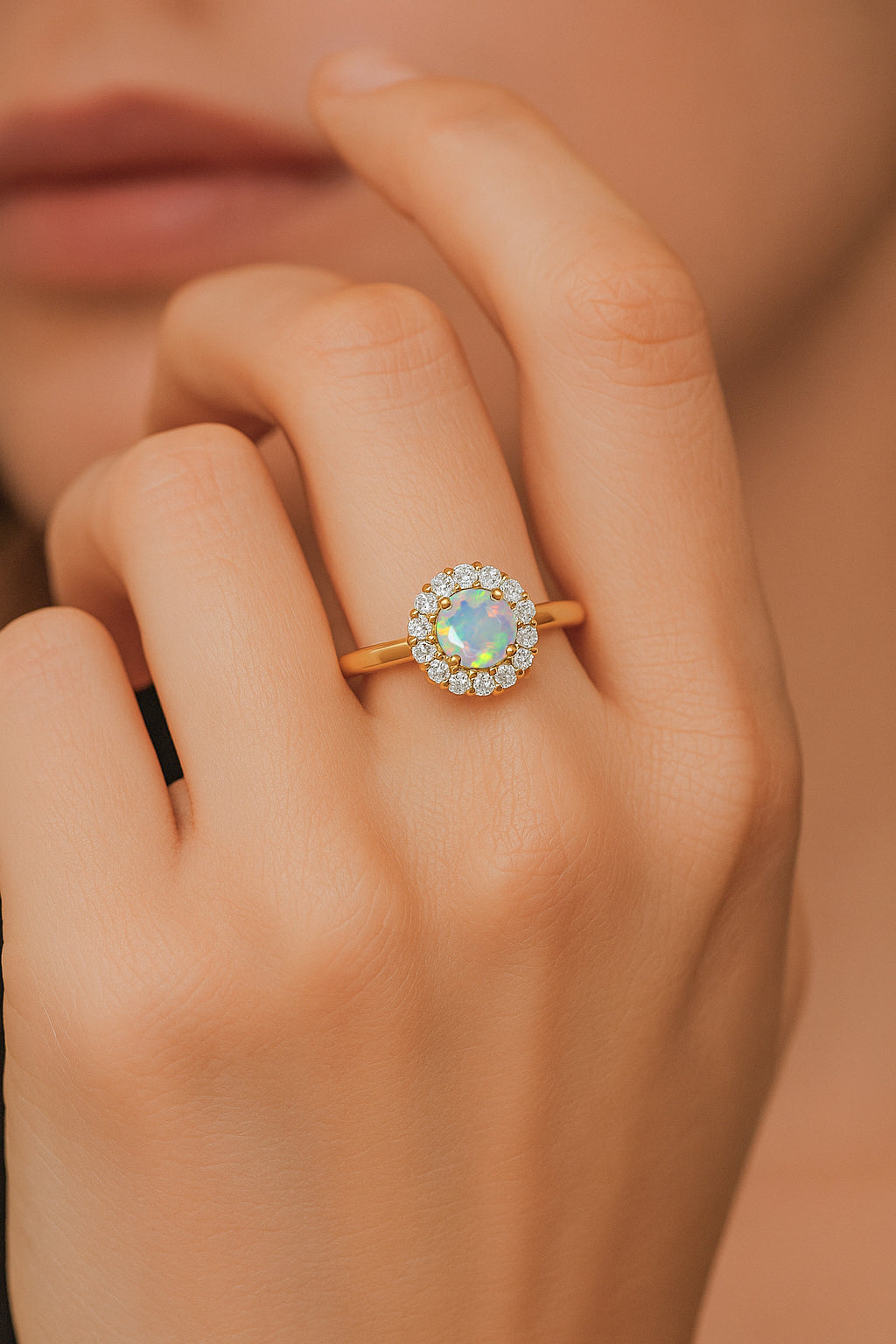 925 Sterling Silver & Yellow Gold Plated White Fire Opal Halo Wedding Ring