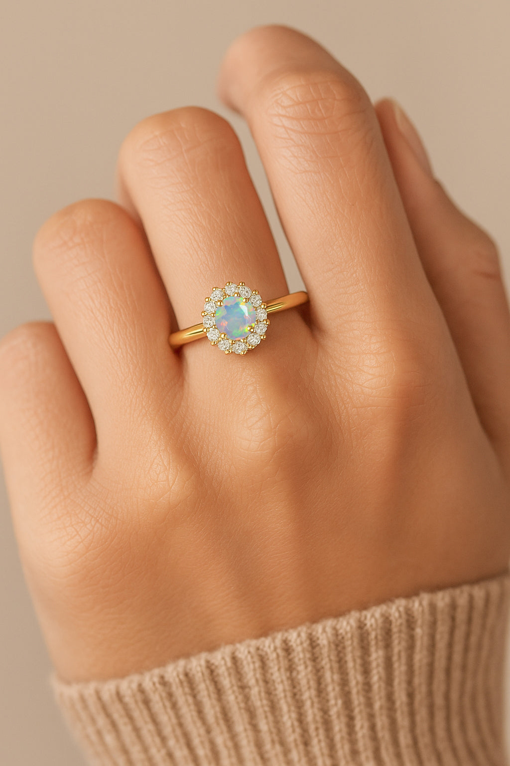 925 Sterling Silver & Yellow Gold Plated White Fire Opal Halo Wedding Ring