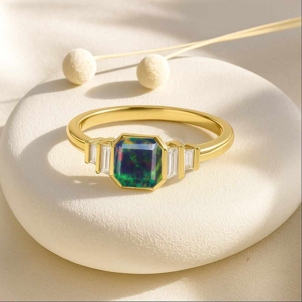 Black Opal Stackable Ring in Sterling Silver & Gold Plated October Birthstone