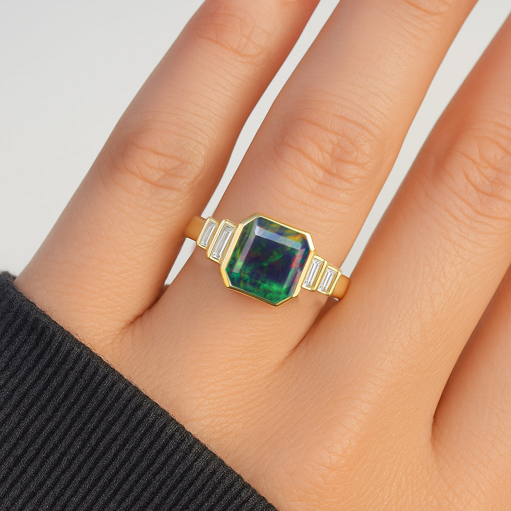 Black Opal Stackable Ring in Sterling Silver & Gold Plated October Birthstone