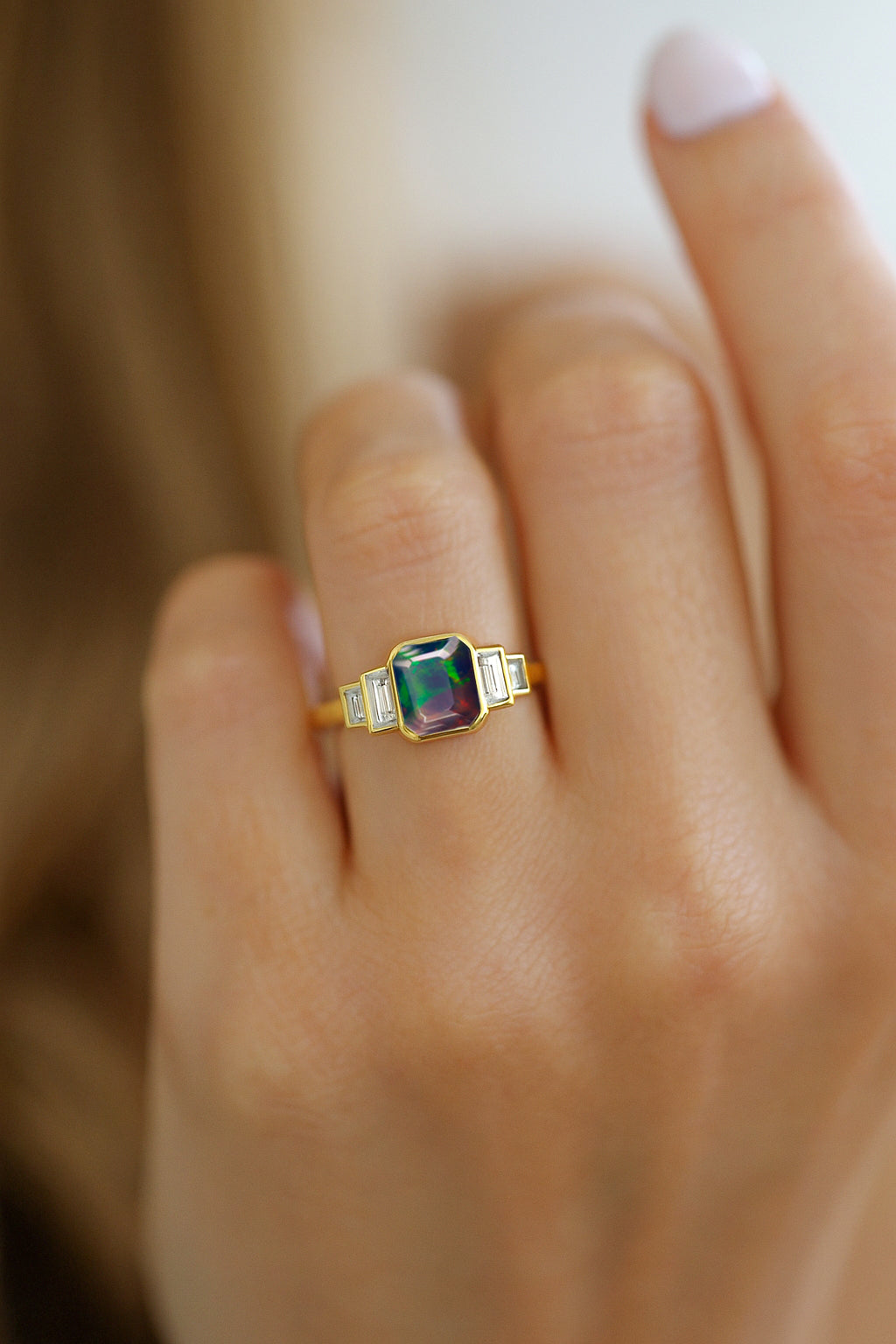 Black Opal Stackable Ring in Sterling Silver & Gold Plated October Birthstone