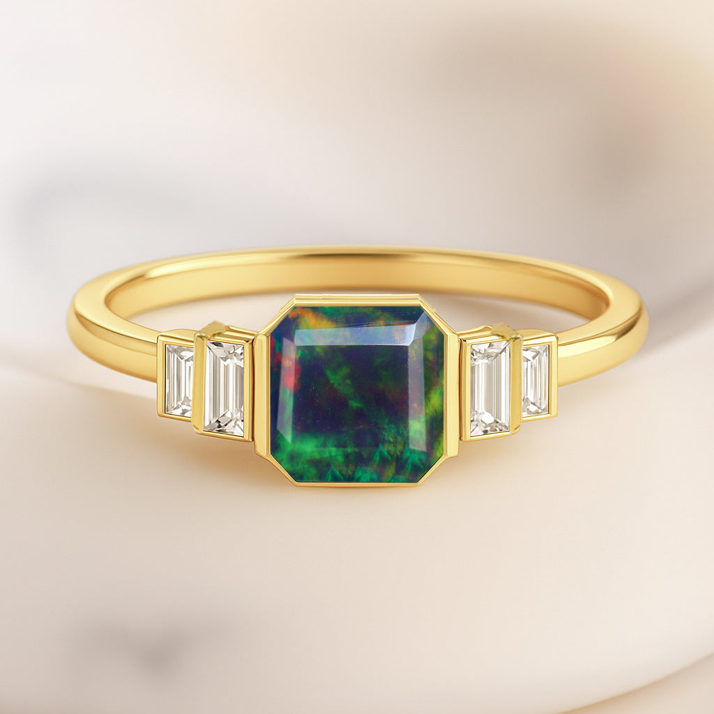 Black Opal Stackable Ring in Sterling Silver & Gold Plated October Birthstone