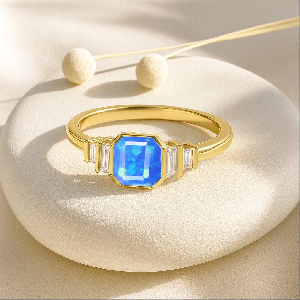 Blue Opal Stackable Ring in Sterling Silver & Gold Plated October Birthstone