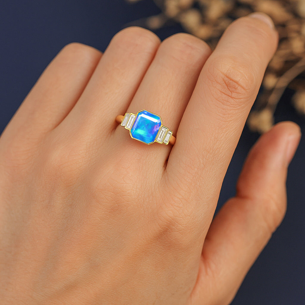Blue Opal Stackable Ring in Sterling Silver & Gold Plated October Birthstone