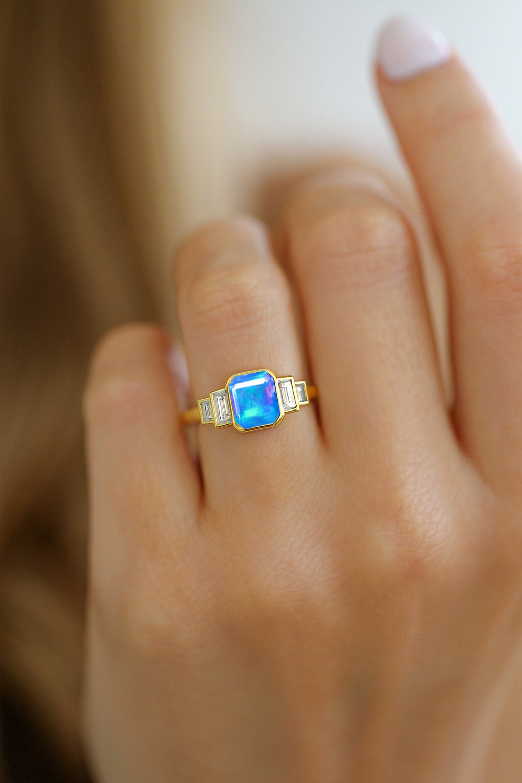 Blue Opal Stackable Ring in Sterling Silver & Gold Plated October Birthstone