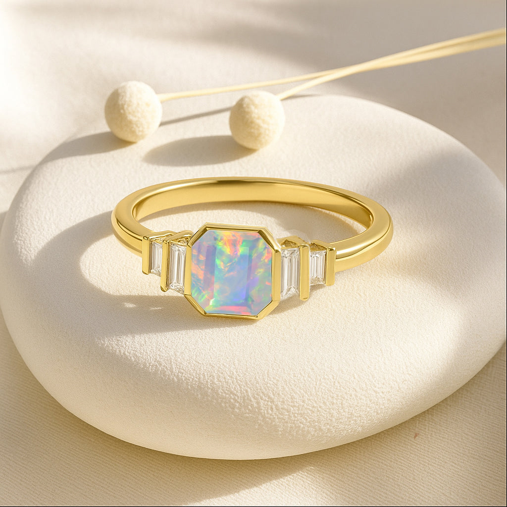 White Opal Stackable Ring in Sterling Silver & Gold Plated October Birthstone