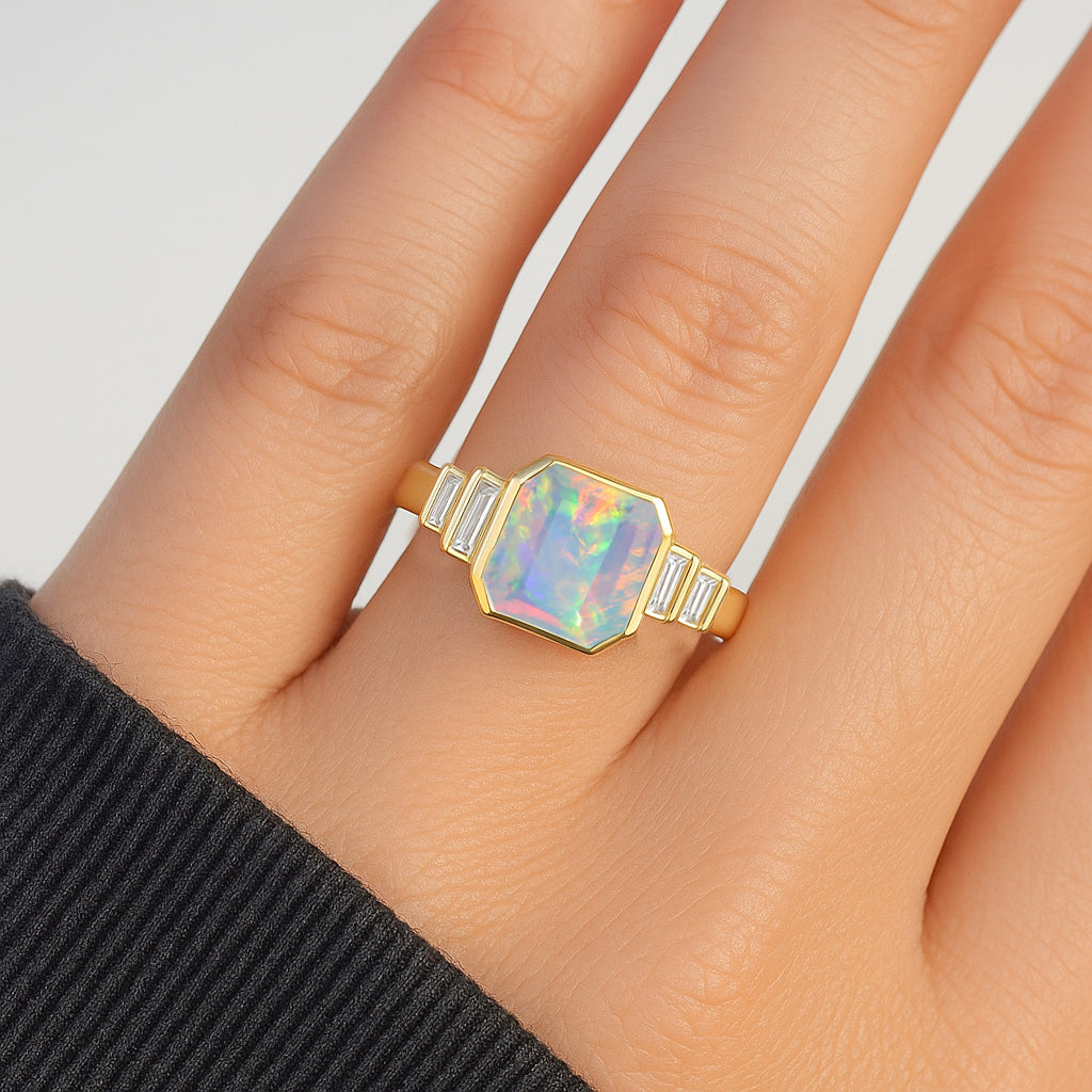 White Opal Stackable Ring in Sterling Silver & Gold Plated October Birthstone