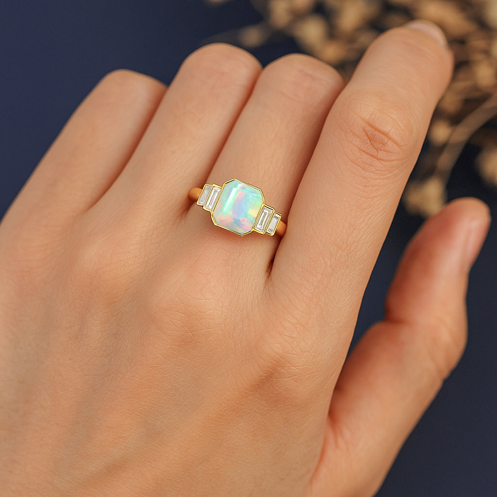 White Opal Stackable Ring in Sterling Silver & Gold Plated October Birthstone