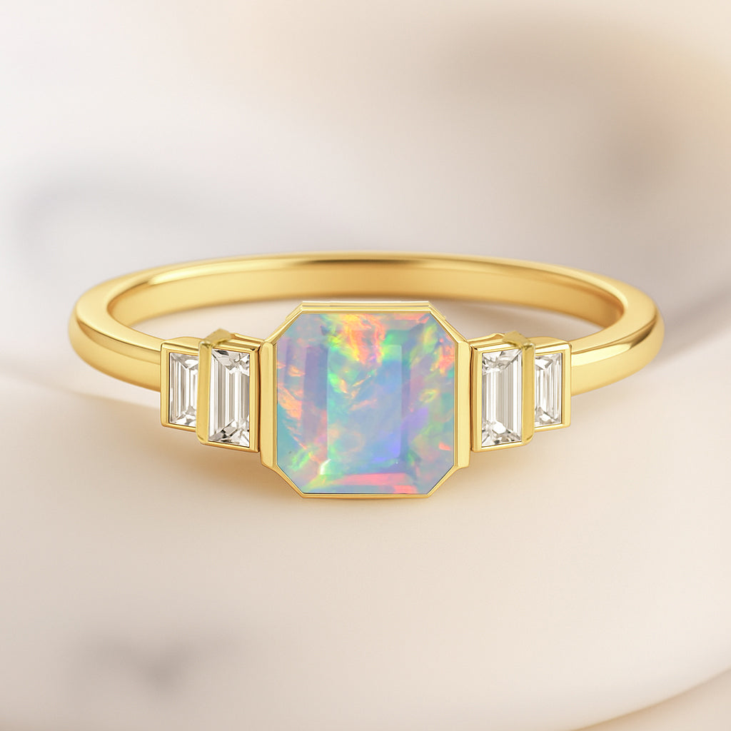 White Opal Stackable Ring in Sterling Silver & Gold Plated October Birthstone