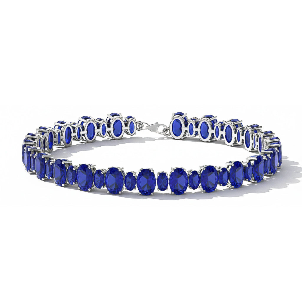Blue Sapphire Oval Tennis Bracelet in 925 Sterling Silver 7x5 MM 34.50ct