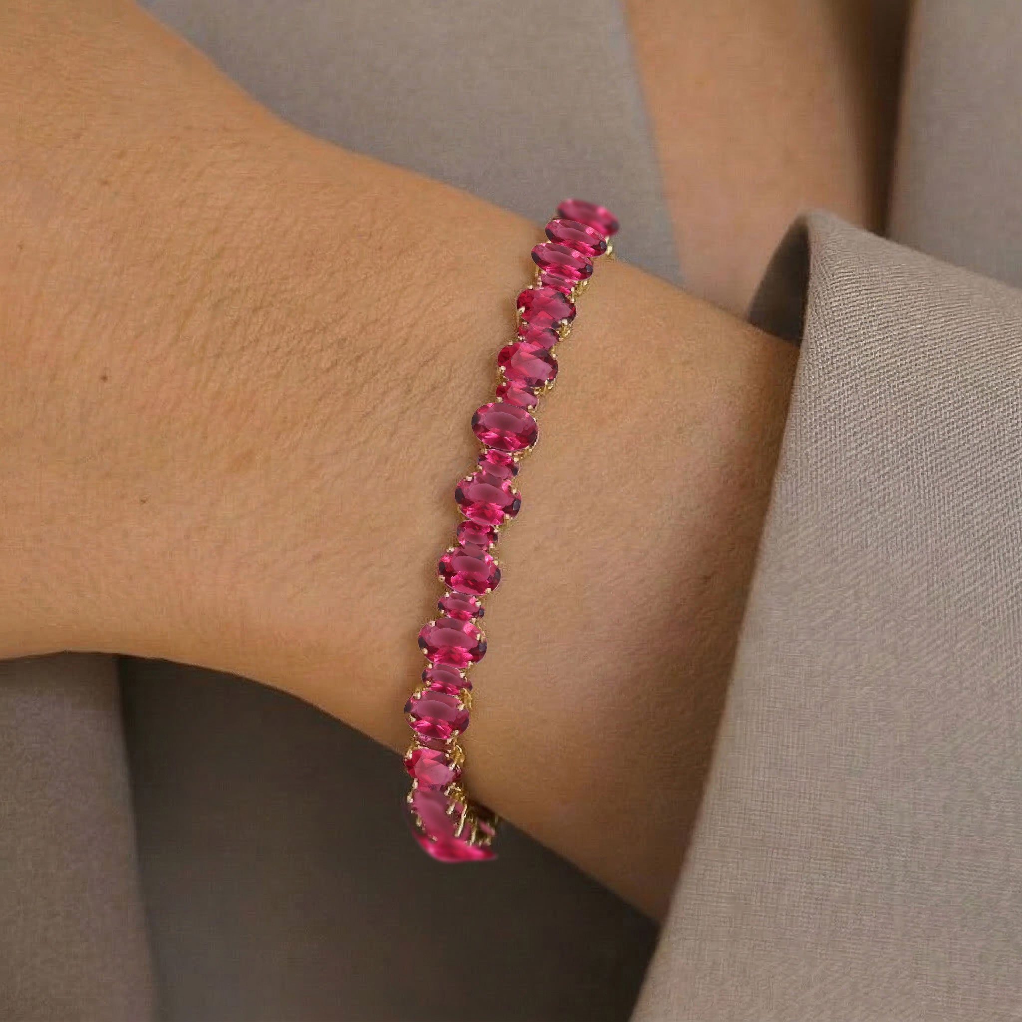 Pink Tourmaline Oval Tennis Bracelet in 925 Sterling Silver 7x5 MM 34.50ct